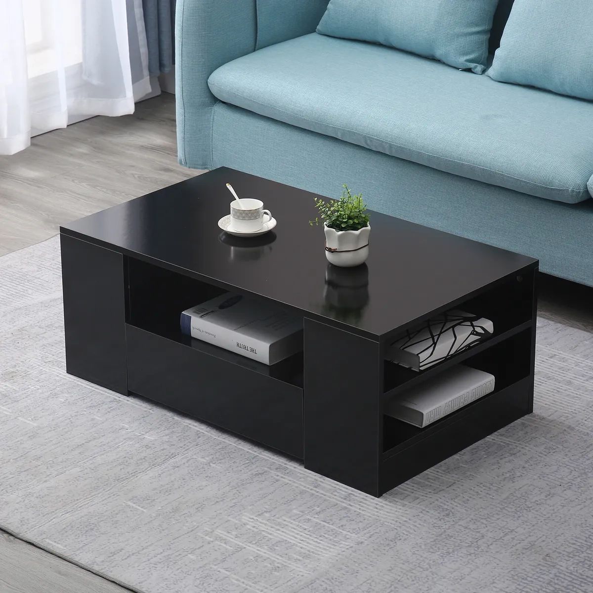 Modern Black Coffee Table High Gloss Rectangular End Table W/ 2 Drawers For  Home | Ebay Throughout High Gloss Black Coffee Tables (Photo 4 of 15)