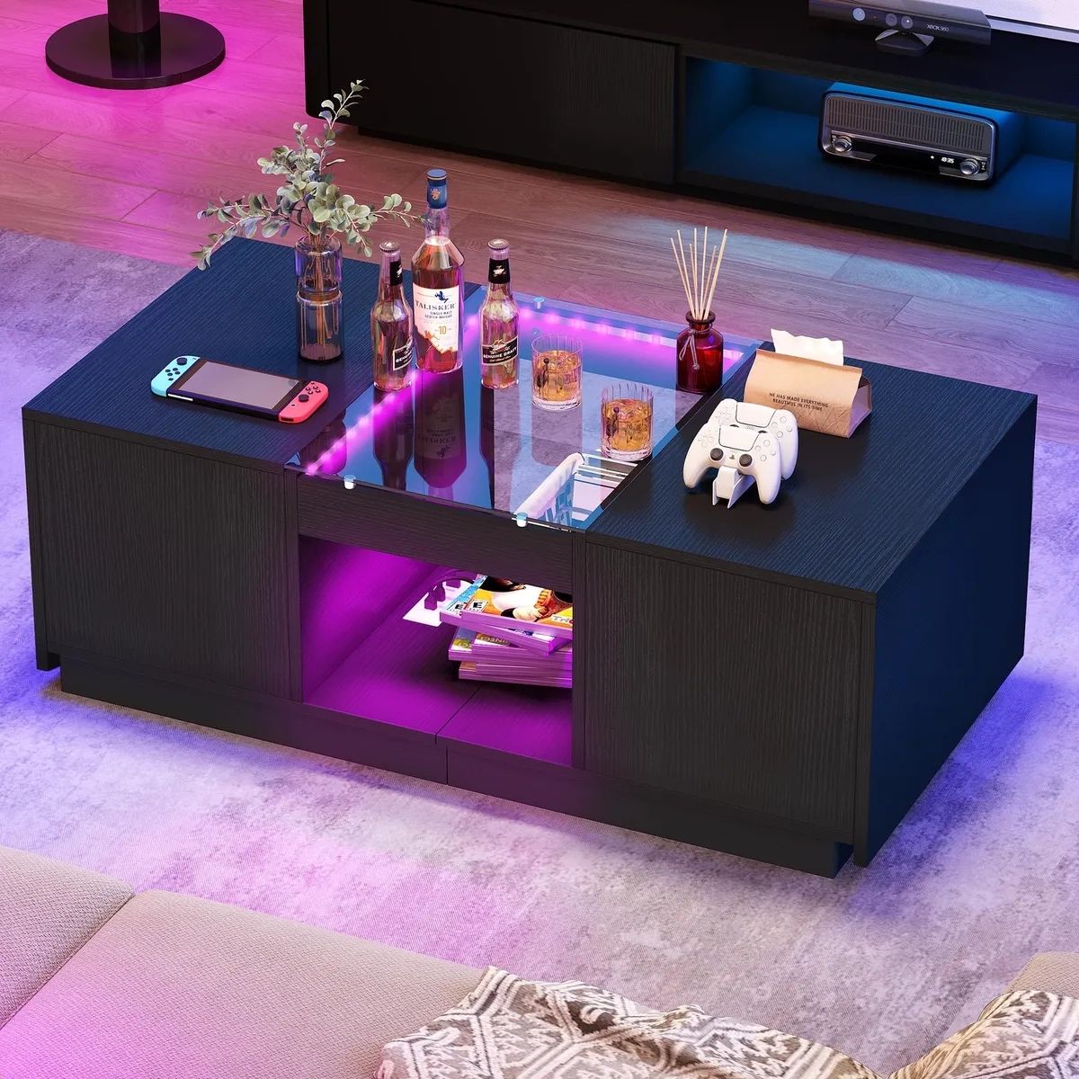Modern Coffee Table 2 Drawers With Charging Station And Led Lights End Table  | Ebay Inside Coffee Tables With Drawers And Led Lights (View 7 of 15)