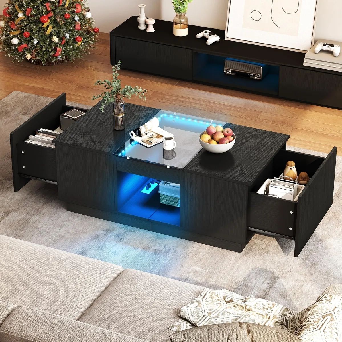 Modern Coffee Table 2 Drawers With Charging Station And Led Lights End Table  | Ebay Regarding Coffee Tables With Drawers And Led Lights (View 4 of 15)