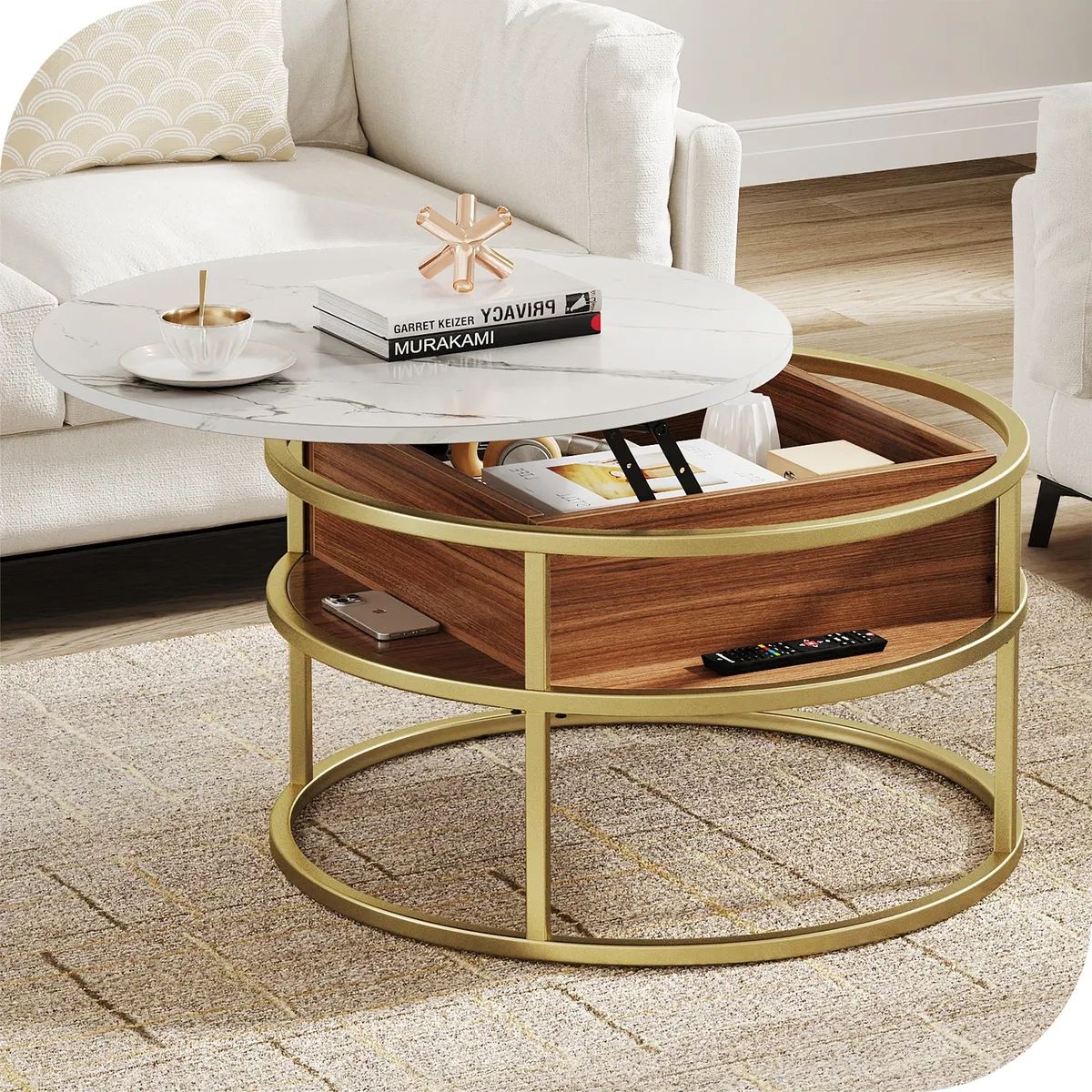 Modern Coffee Table Round Lift Top With Hidden Compartment Wooden Center  Table | Ebay Pertaining To Modern Coffee Tables With Hidden Storage Compartments (View 7 of 15)