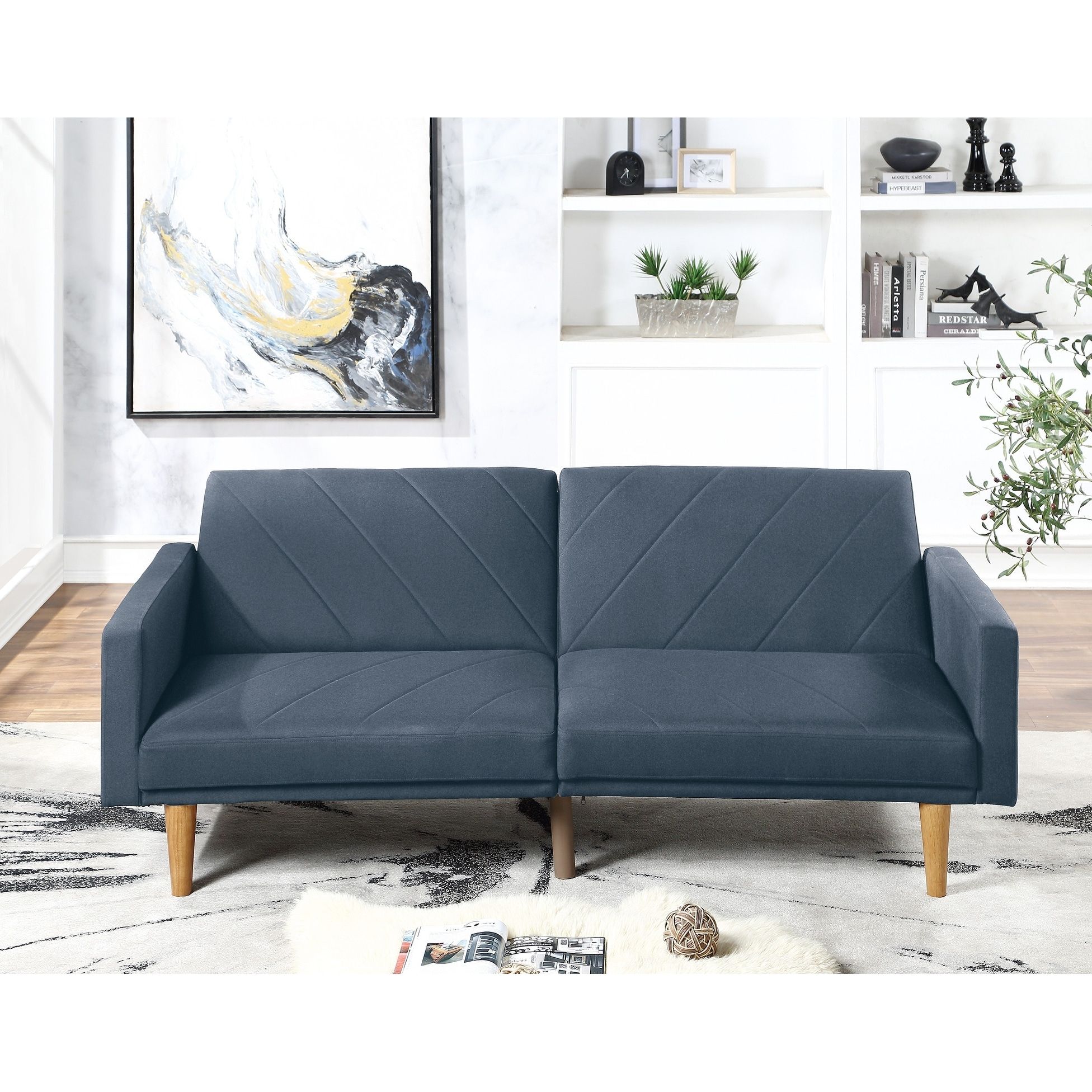 Modern Electric Look 1pc Convertible Sofa Couch Navy Color Linen Like  Fabric Cushion Wooden Legs Living Room – Bed Bath & Beyond – 35204646 Inside Navy Sleeper Sofa Couches (View 5 of 15)