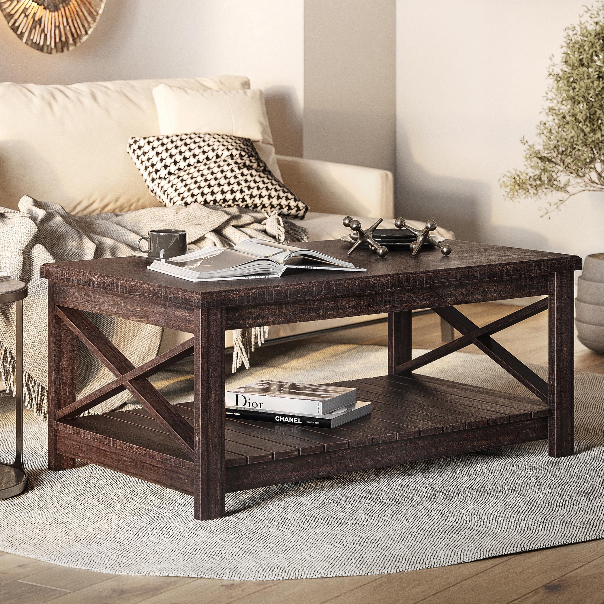 Modern Farmhouse Industrial Style Coffee Table With Storage Shelf, 2 Colors  | Ebay Inside Modern Farmhouse Coffee Table Sets (View 13 of 15)