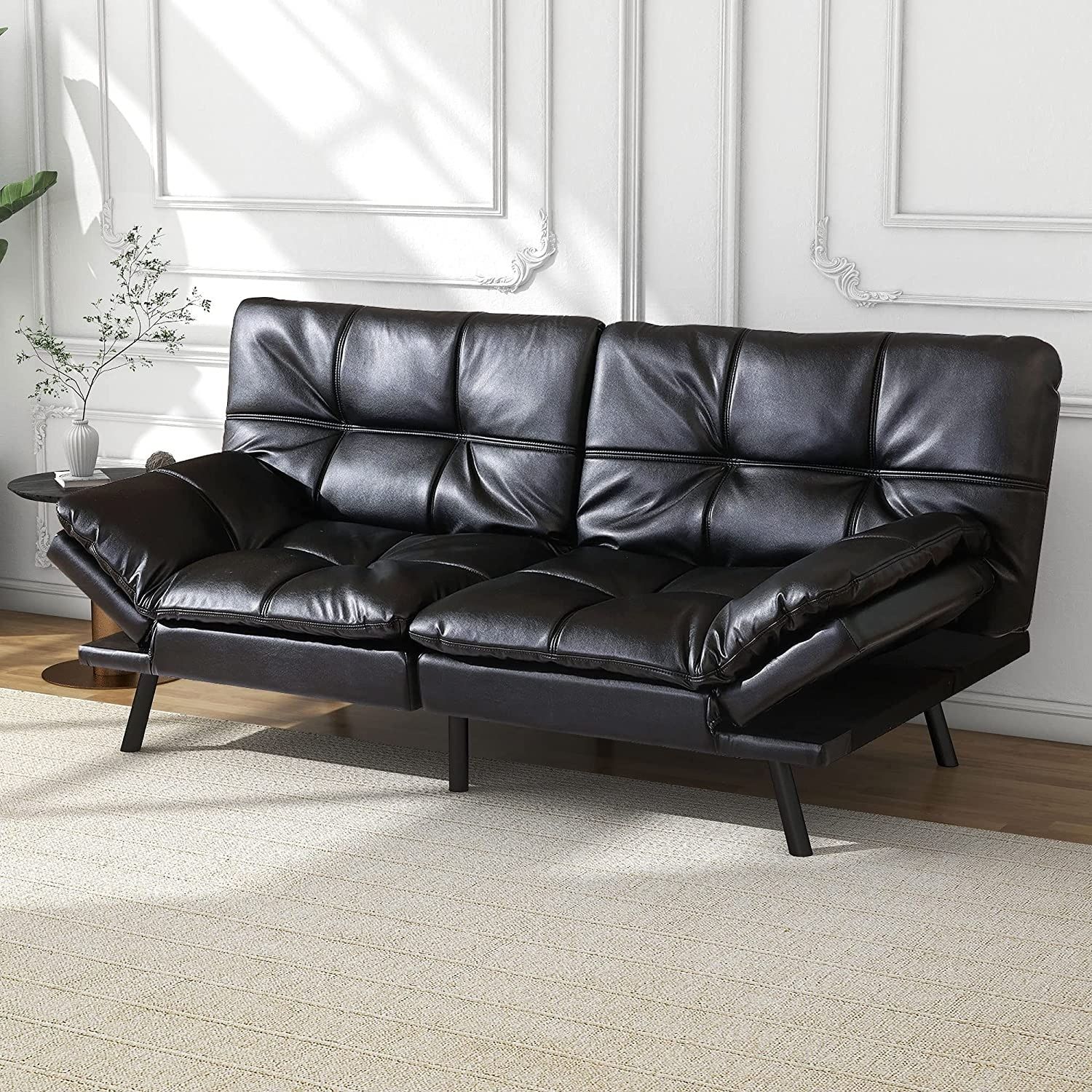 Modern Faux Leather Futon With Memory Foam And Adjustable Armrests. – On  Sale – Bed Bath & Beyond – 37174381 Throughout Black Faux Suede Memory Foam Sofas (Photo 8 of 15)