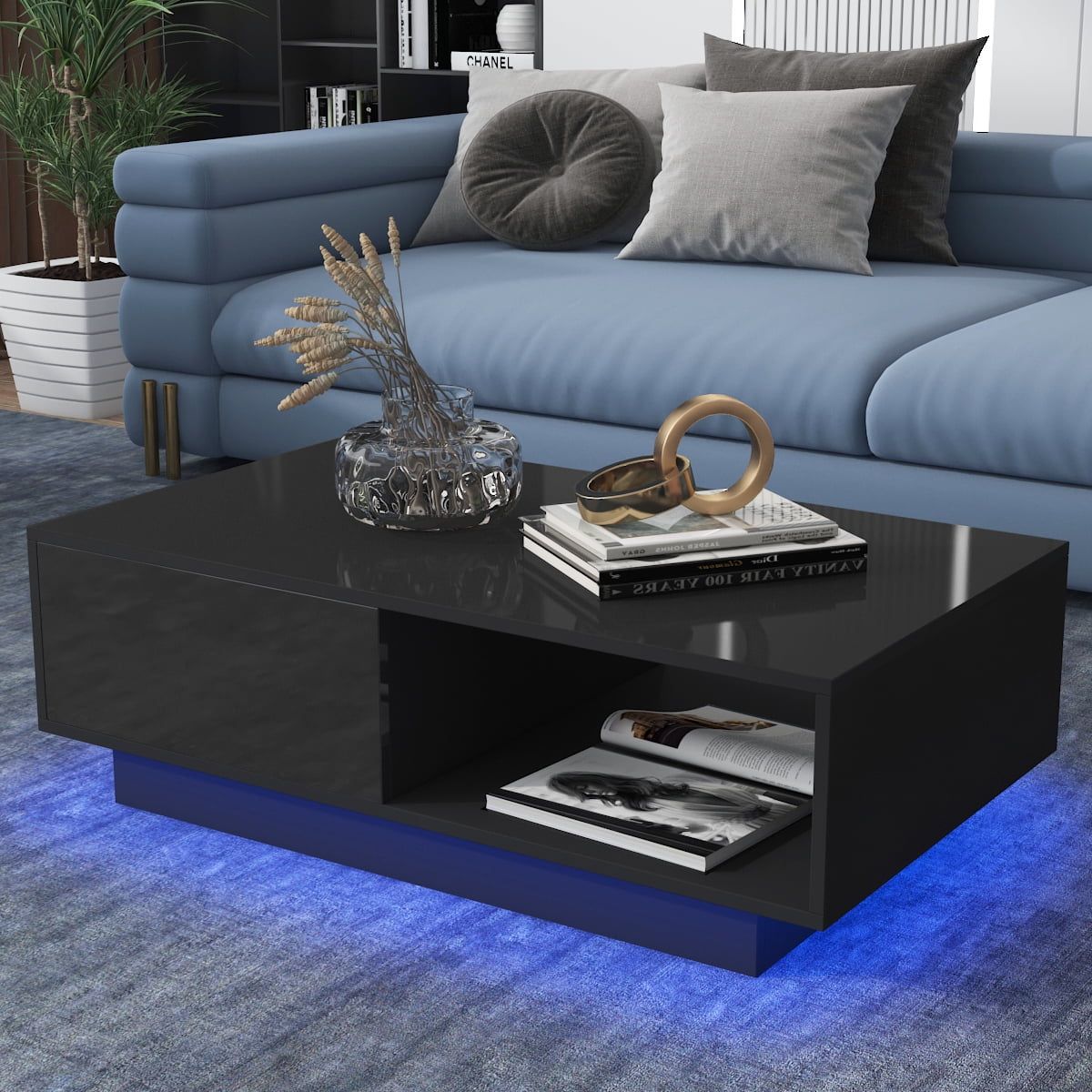 Modern High Gloss Black Coffee Table With Led Lights Italy | Ubuy Inside Coffee Tables With Drawers And Led Lights (Photo 15 of 15)