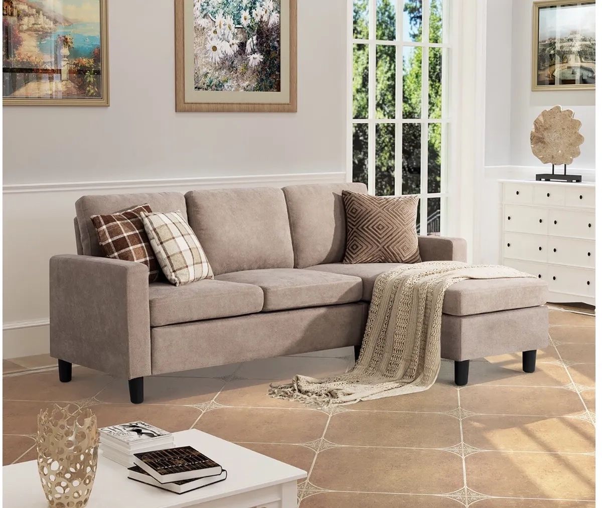 Modern L Shaped Section￼al Sofa With Linen Fabric(dark Beige) (khaki Color)  | Ebay For Sofas In Beige (View 9 of 15)
