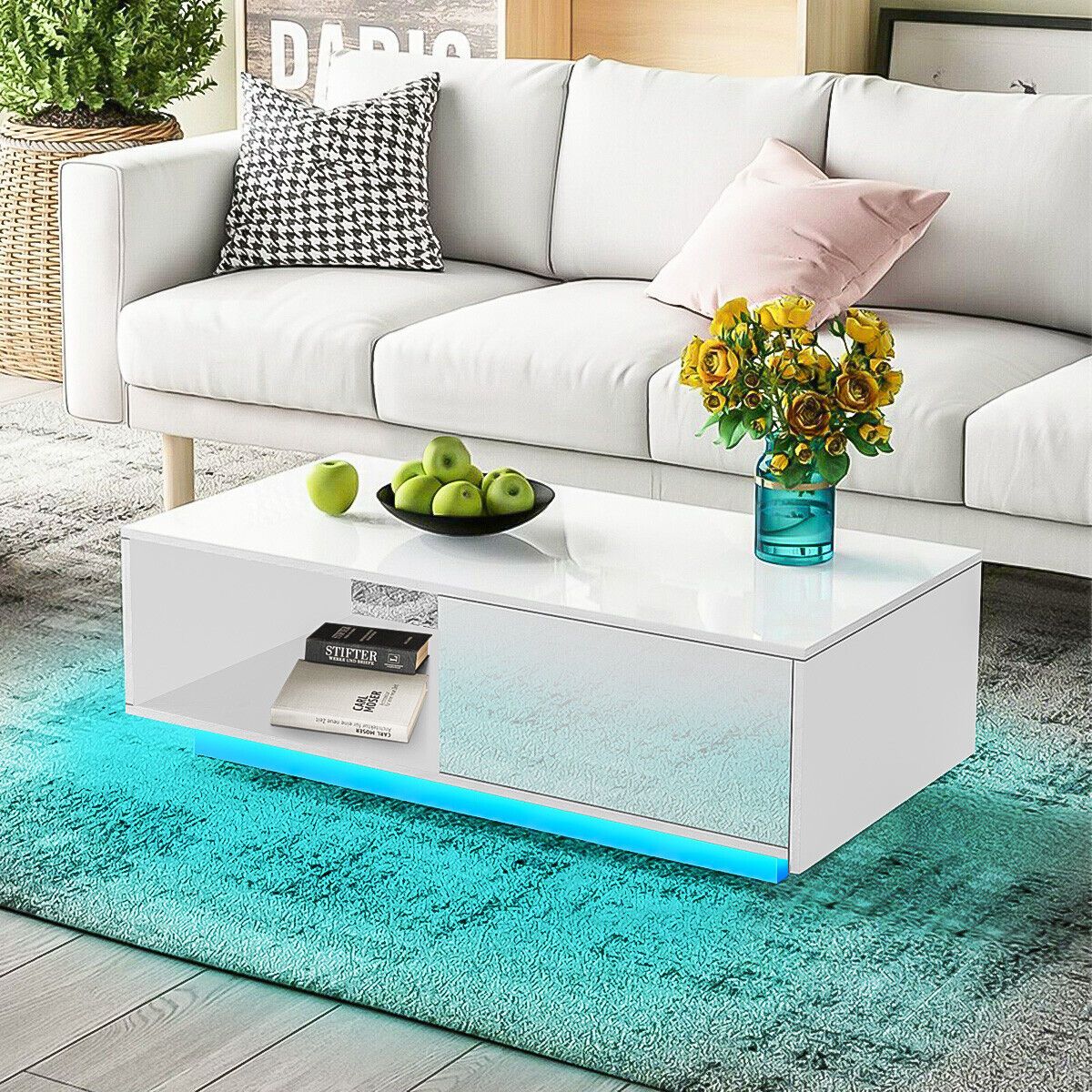 Modern Led Coffee Table High Glossy Rectangle Center Table With Storage  Drawers | Ebay With Rectangular Led Coffee Tables (View 4 of 15)
