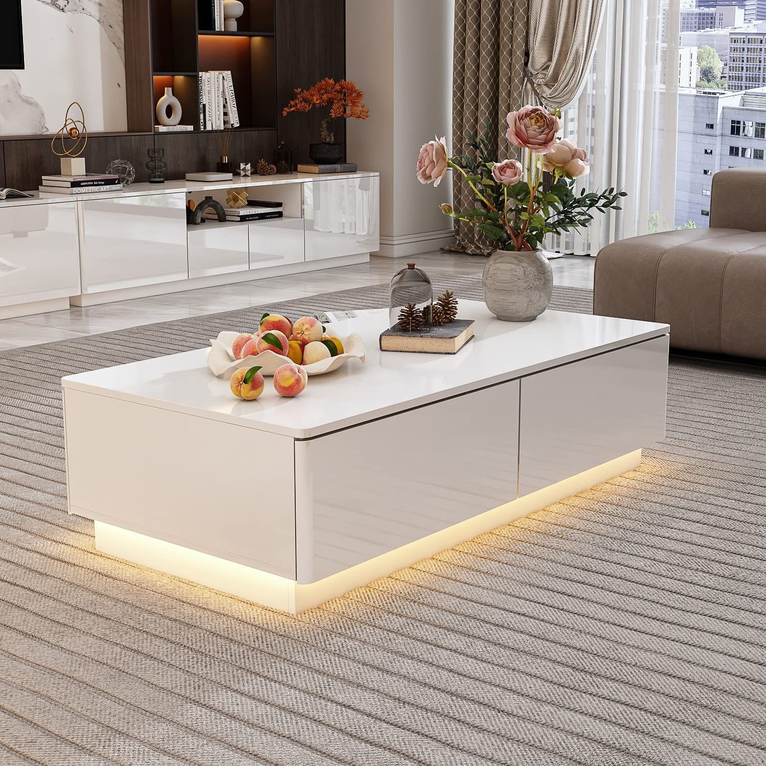 Modern Led Coffee Table With Drawers, High Glossy Rectangle Coffee Center  Table With Warm Light For Living Room – As Picture – Bed Bath & Beyond –  37782034 In Rectangular Led Coffee Tables (Photo 10 of 15)