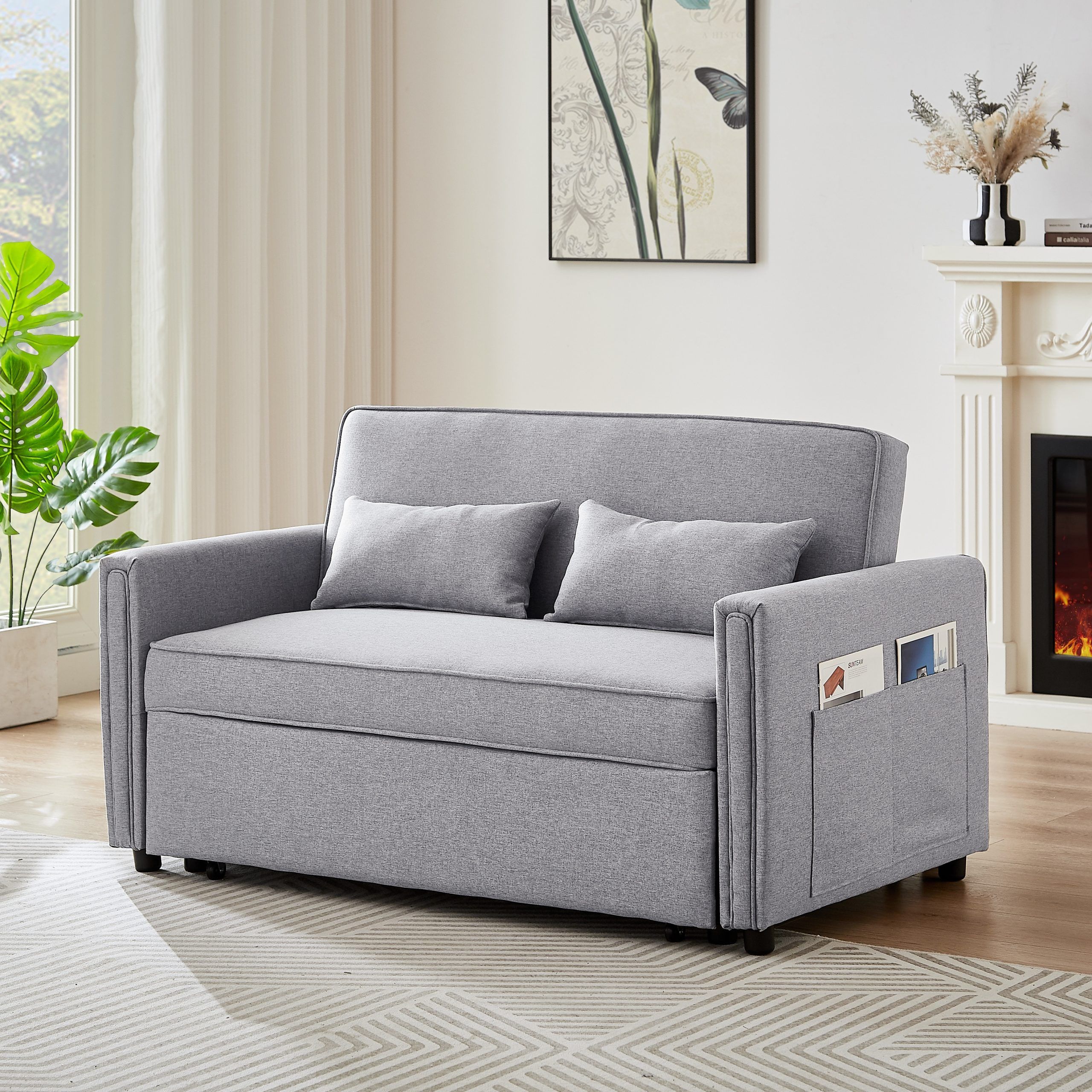 Modern Linen Convertible Loveseat Sleeper Sofa Couch With Adjustable  Backrest, Pull Out Bed And 2 Lumbar Pillows, Grey – On Sale – Bed Bath &  Beyond – 38373427 Regarding Convertible Gray Loveseat Sleepers (Photo 3 of 15)