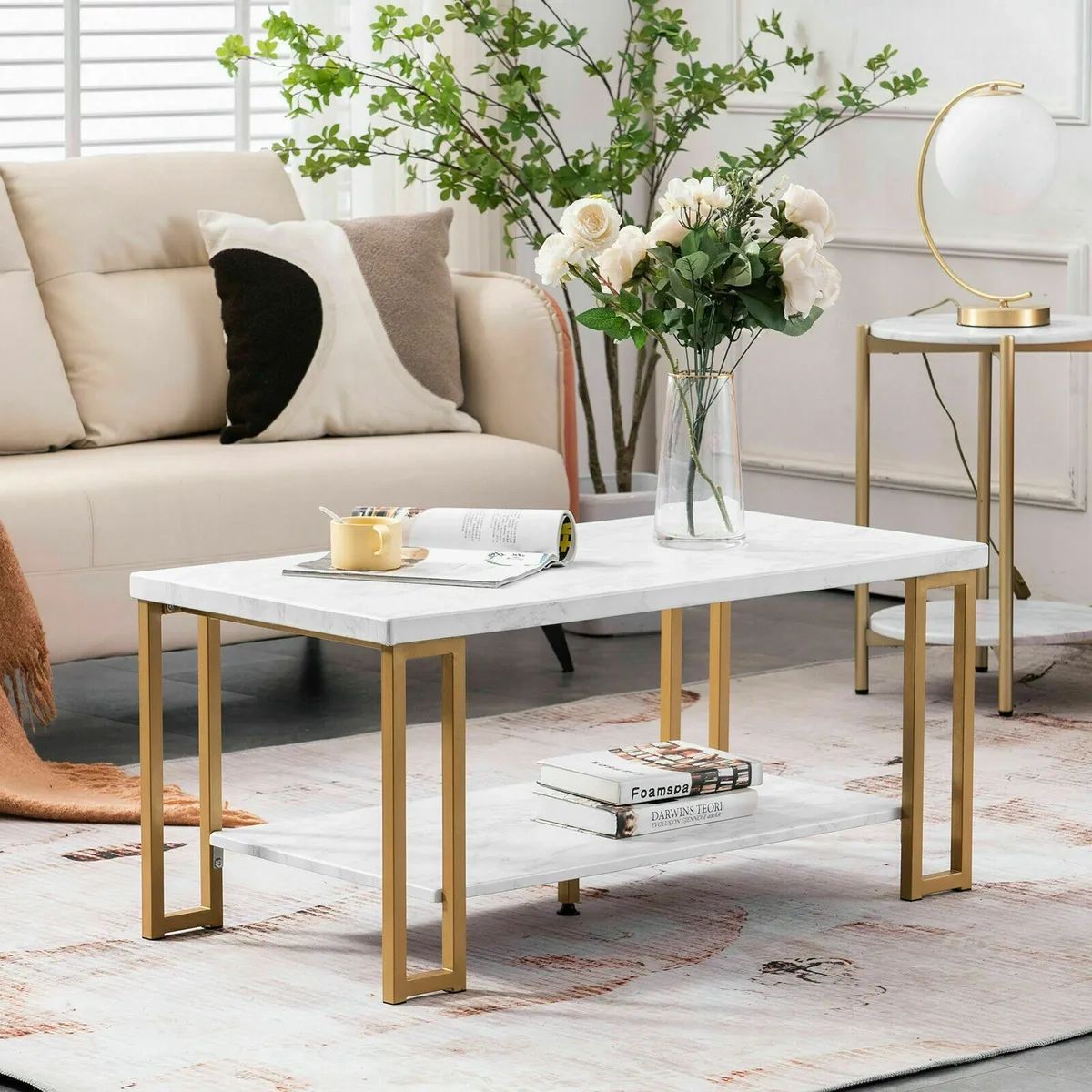 Modern Living Room Rectangle Coffee Table White Faux Marble Top &gold Base  Shelf | Ebay Regarding Simple Design Coffee Tables (Photo 7 of 15)