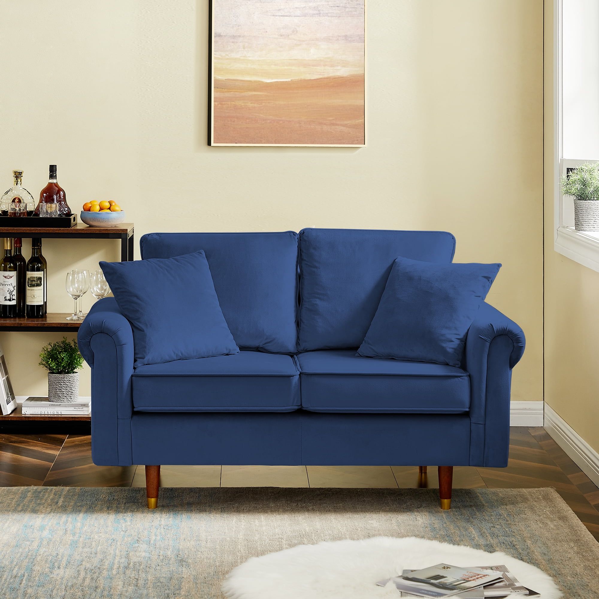 Modern Loveseat Sofa With 2 Pillows, Velvet Upholstered Love Seats Couch  For Small Living Room, Bedroom, Apartment, Easy Assembly, Blue – Walmart Within Small Love Seats In Velvet (Photo 13 of 15)