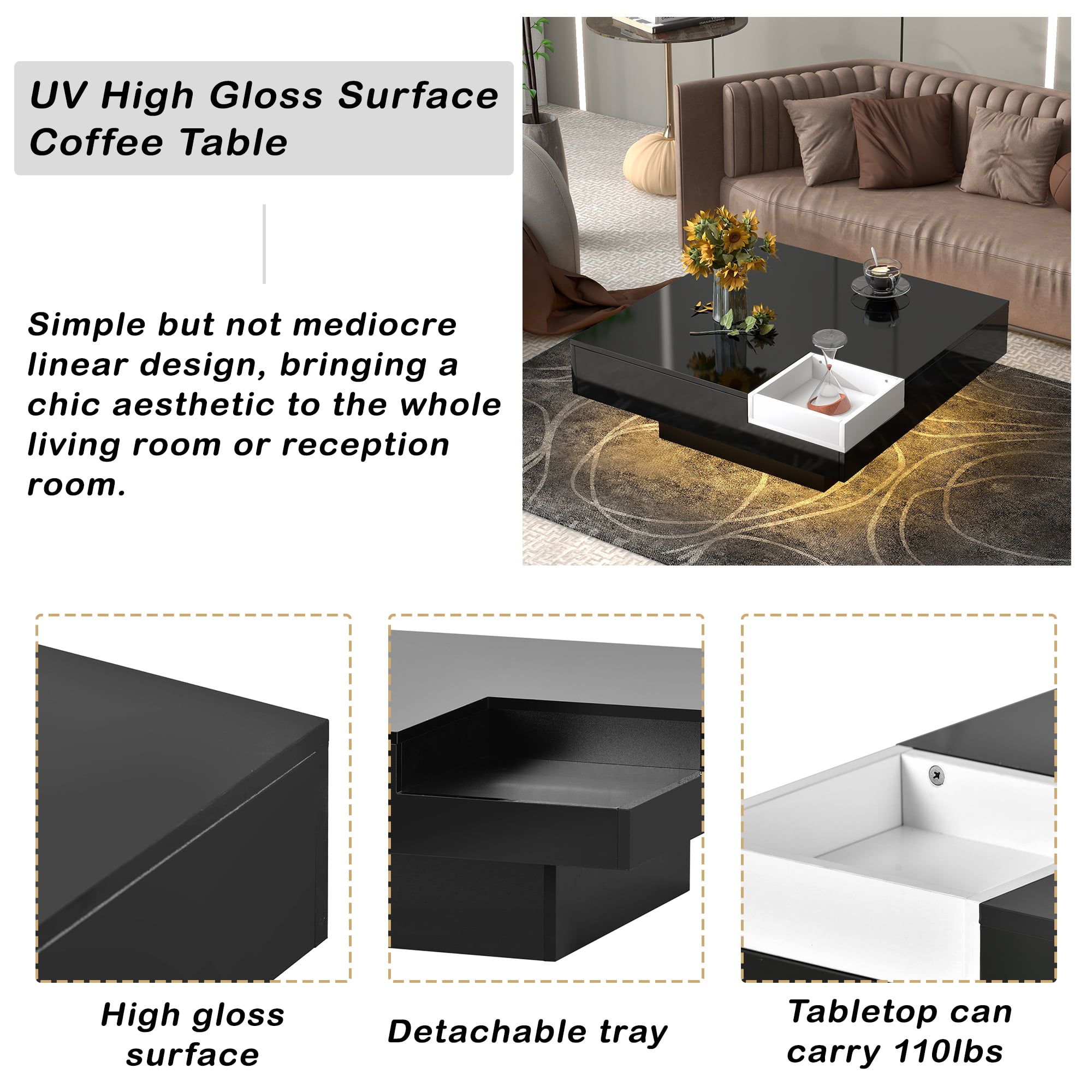 Modern Minimalist Design 31.5*31.5in Square Coffee Table With Detachable  Tray And Plug In 16 Color Led Strip Lights Remote Control For Living Room –  Walmart Pertaining To Detachable Tray Coffee Tables (Photo 8 of 15)