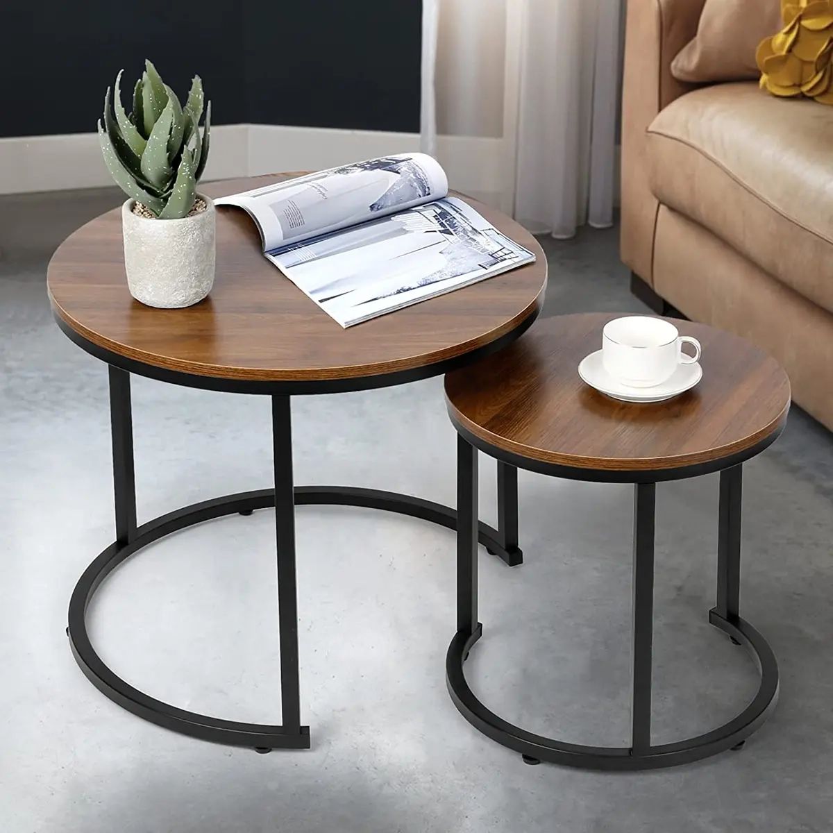Modern Nesting Coffee Table Set Of 2 For Living Room Balcony Office, Round  Wood | Ebay Intended For Modern Nesting Coffee Tables (Photo 8 of 15)