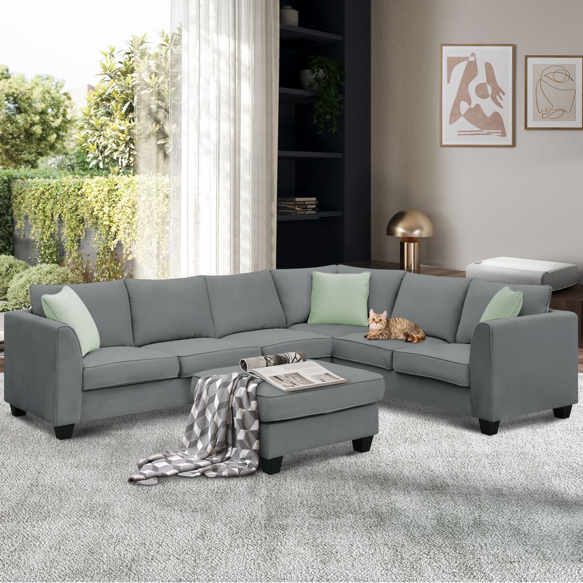 Modern Sectional L Shape Sofa 112" Fabric 7 Seats Modular Couch With  Ottoman And 3 Pillows For Living Room – On Sale – Bed Bath & Beyond –  37354572 With Modern L Shaped Sofa Sectionals (View 6 of 15)