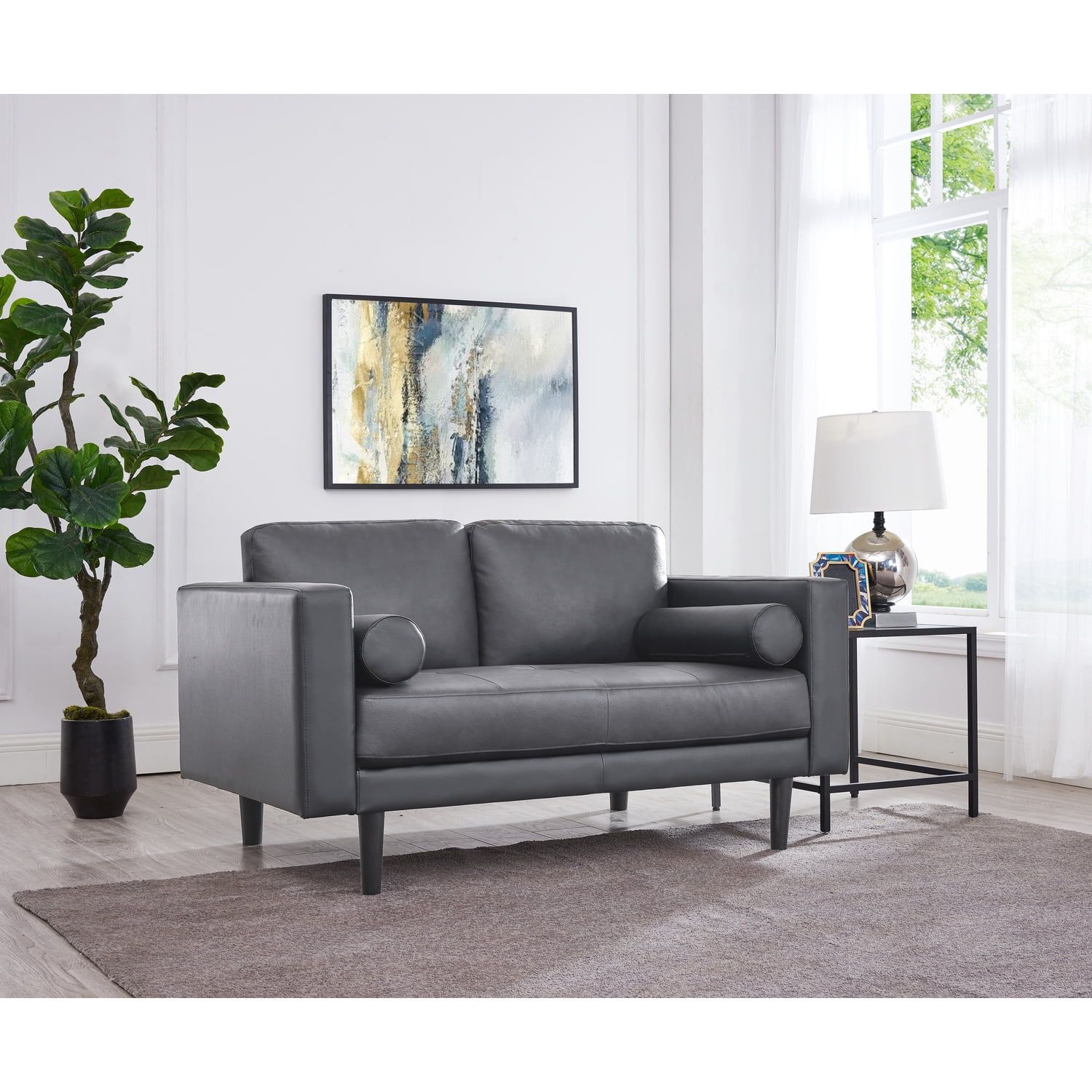 Modern Top Grain Leather Loveseat In Gray, Loveseat Sofa Couch For Bedroom,  Living Room Furniture, Space Saving 2 Seater Couch For Living Room,  Bedroom, Apartment, Small Spaces, Gray – Walmart Inside Top Grain Leather Loveseats (View 7 of 15)