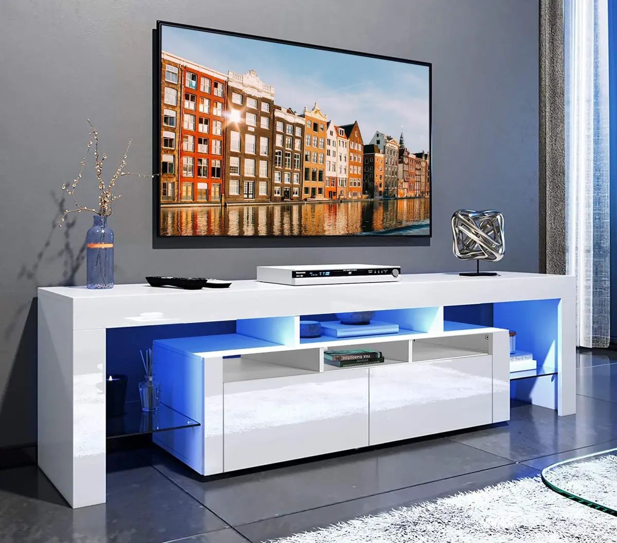 Modern Tv Unit Cabinet White Led Tv Stand High Gloss Doors Living Room Rgb  Light | Ebay With White Tv Stands Entertainment Center (Photo 5 of 15)