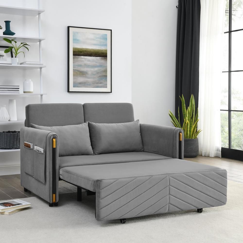 Modern Velvet Convertible Sofa Bed With 2 Detachable Arm Pockets 2 Pillows  Grey | Ebay Within 2 In 1 Gray Pull Out Sofa Beds (Photo 10 of 15)