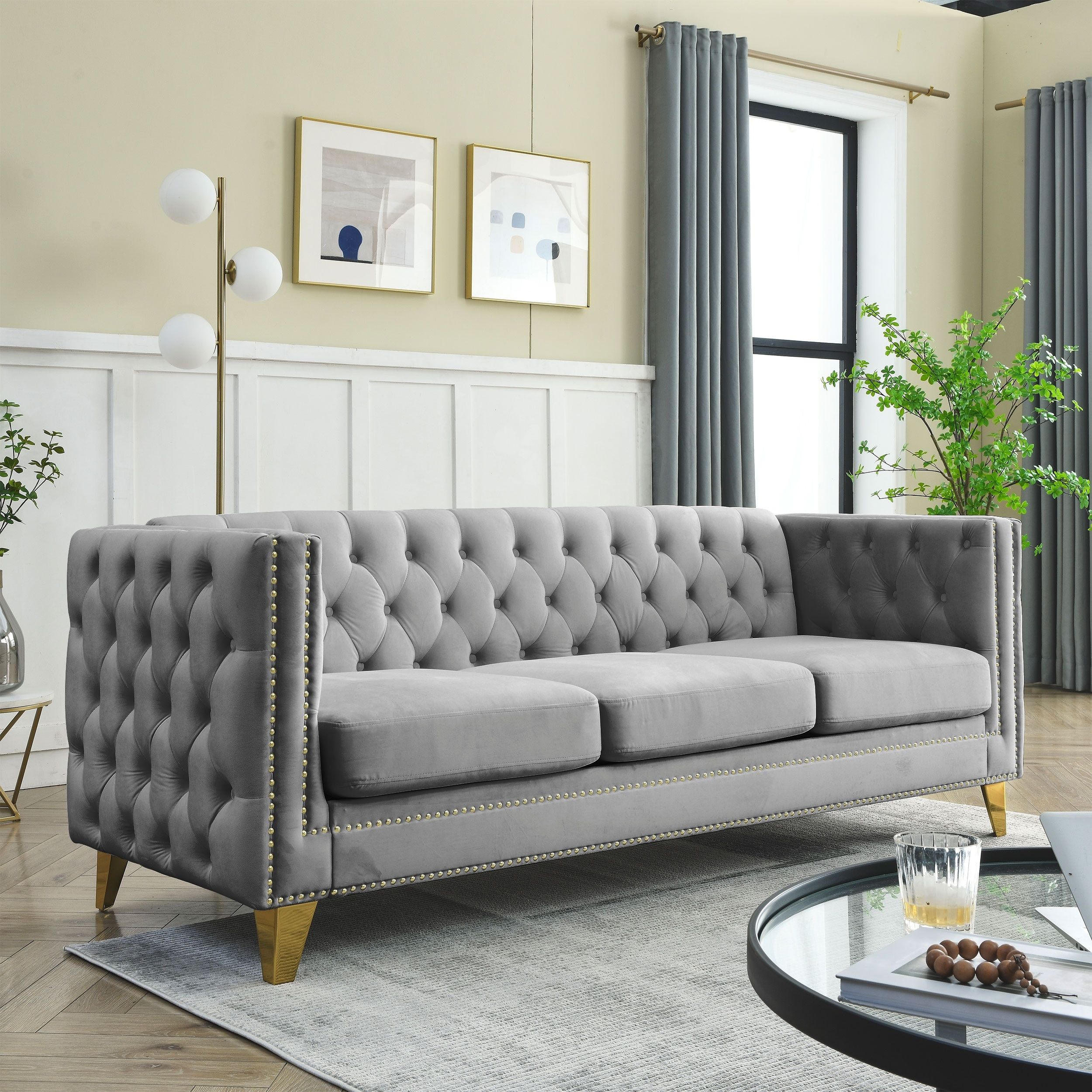 Modern Velvet Upholstered Sofa Buttons Tufted Square Arm Couch With  Nailheads And Metal Legs Sofa For Living Room – On Sale – Bed Bath & Beyond  – 38075401 For Tufted Upholstered Sofas (View 5 of 15)