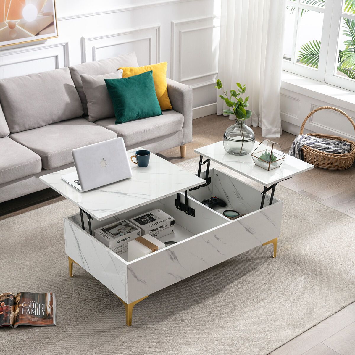 Modern White 43" High Gloss Marble Print Lift Top Coffee Table Rectangle  Storage | Ebay With High Gloss Lift Top Coffee Tables (Photo 1 of 15)