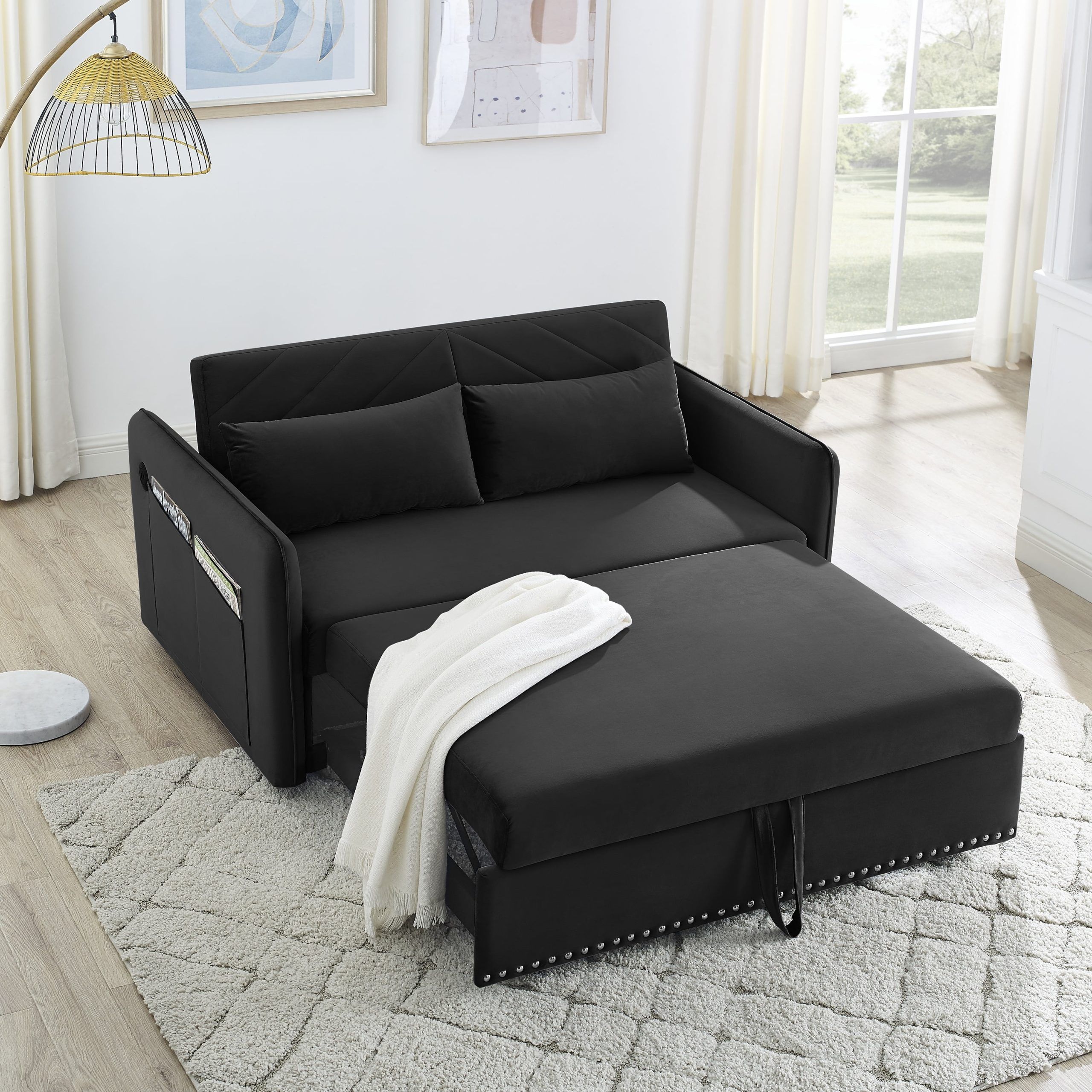 Momspeace 3 In 1 Sleeper Sofa Couch Bed With 2 Usb Ports, 55" Velvet  Convertible Loveseat With Pull Out Sofa Bed For Living Room – Black –  Walmart Regarding 3 In 1 Gray Pull Out Sleeper Sofas (View 5 of 15)