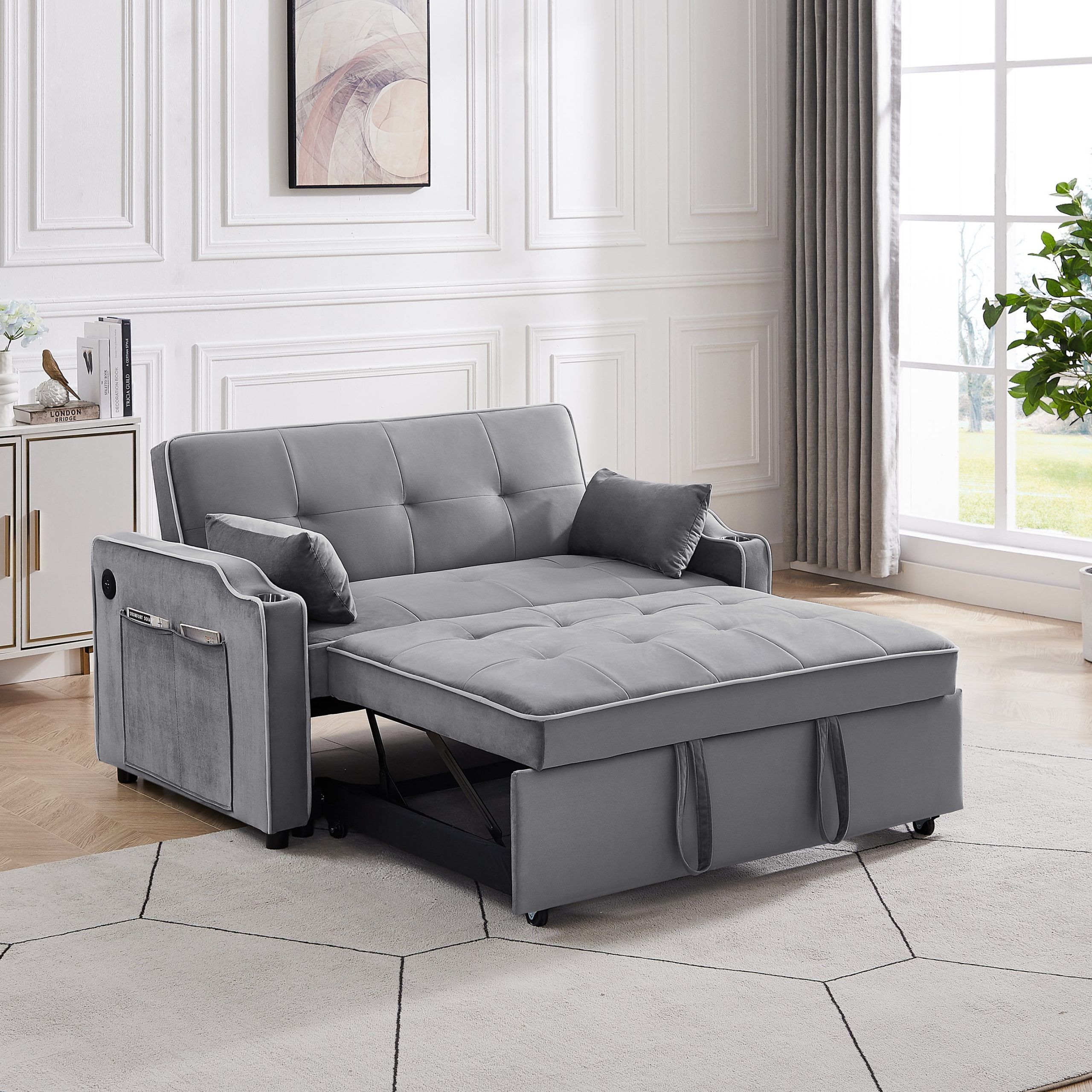 Momspeace Convertible Loveseat Sleeper With Cup Holders, Usb Ports And Side  Pockets, Gray – Walmart With Convertible Gray Loveseat Sleepers (View 4 of 15)