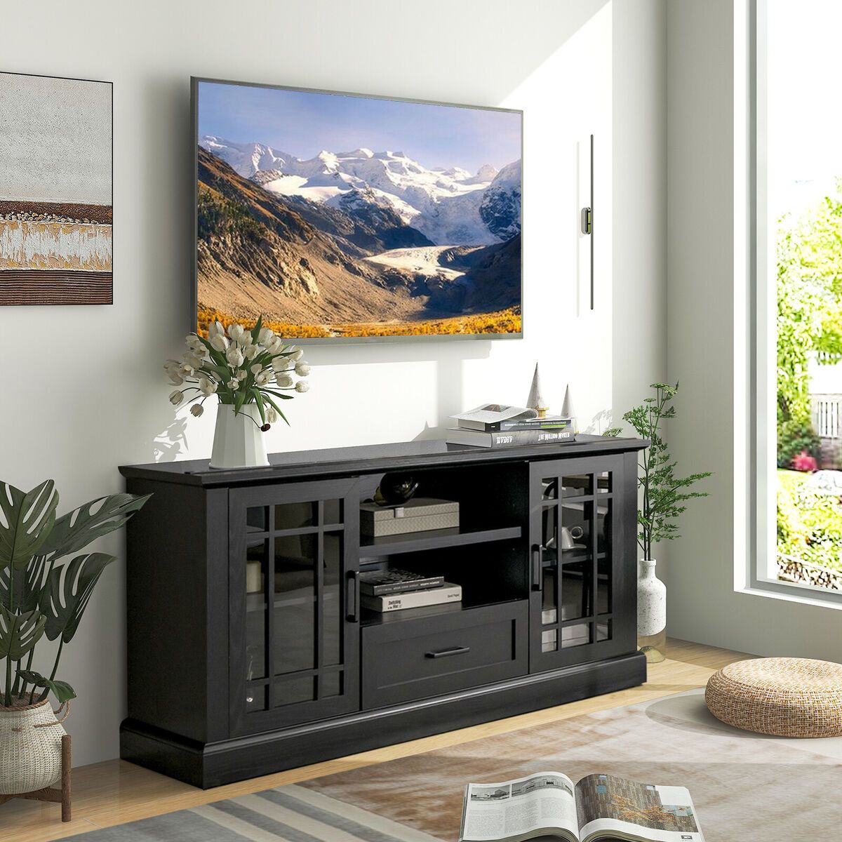 Multi Function Tv Stand W/ 2 Side Cabinets & Large Drawer & 2 Open Shelves  Black | Ebay In Tv Stands With 2 Doors And 2 Open Shelves (Photo 7 of 15)