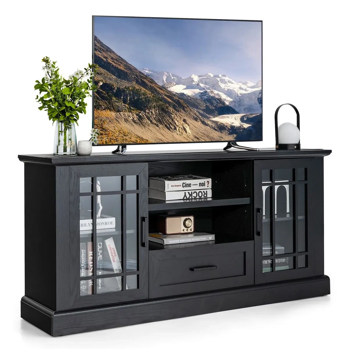 Multi Function Tv Stand W/ 2 Side Cabinets & Large Drawer & 2 Open Shelves  Black | Ebay Intended For Tv Stands With 2 Doors And 2 Open Shelves (View 12 of 15)