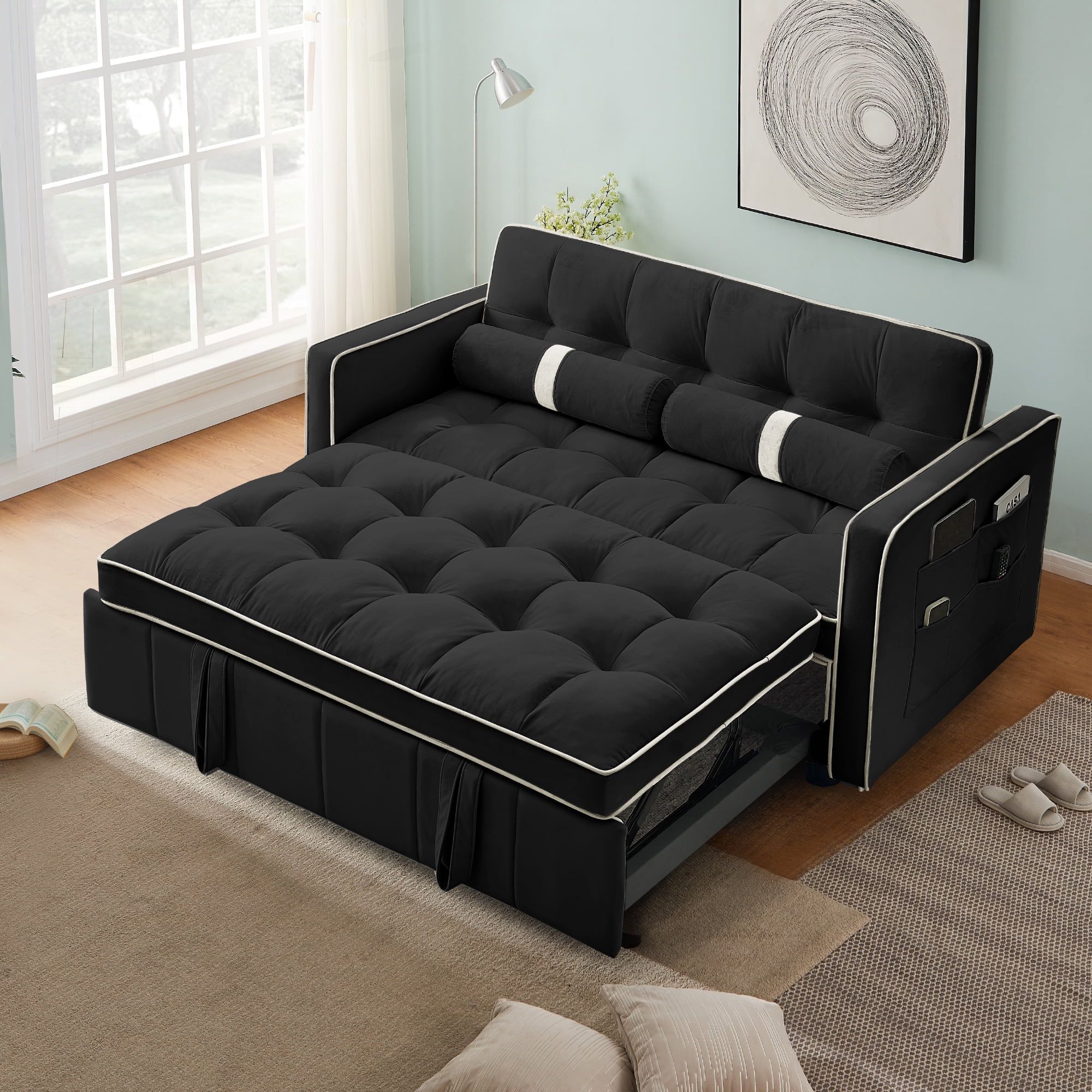 Muumblus 55.5" Pull Out Sofa Bed 2 Seater Loveseats Sleeper Convertible  Futon Sofa Bed With Adjsutable Backrest, Modern Velvet Sofa Couch For  Living Room, Black – Walmart Within 2 Seater Black Velvet Sofa Beds (Photo 4 of 15)