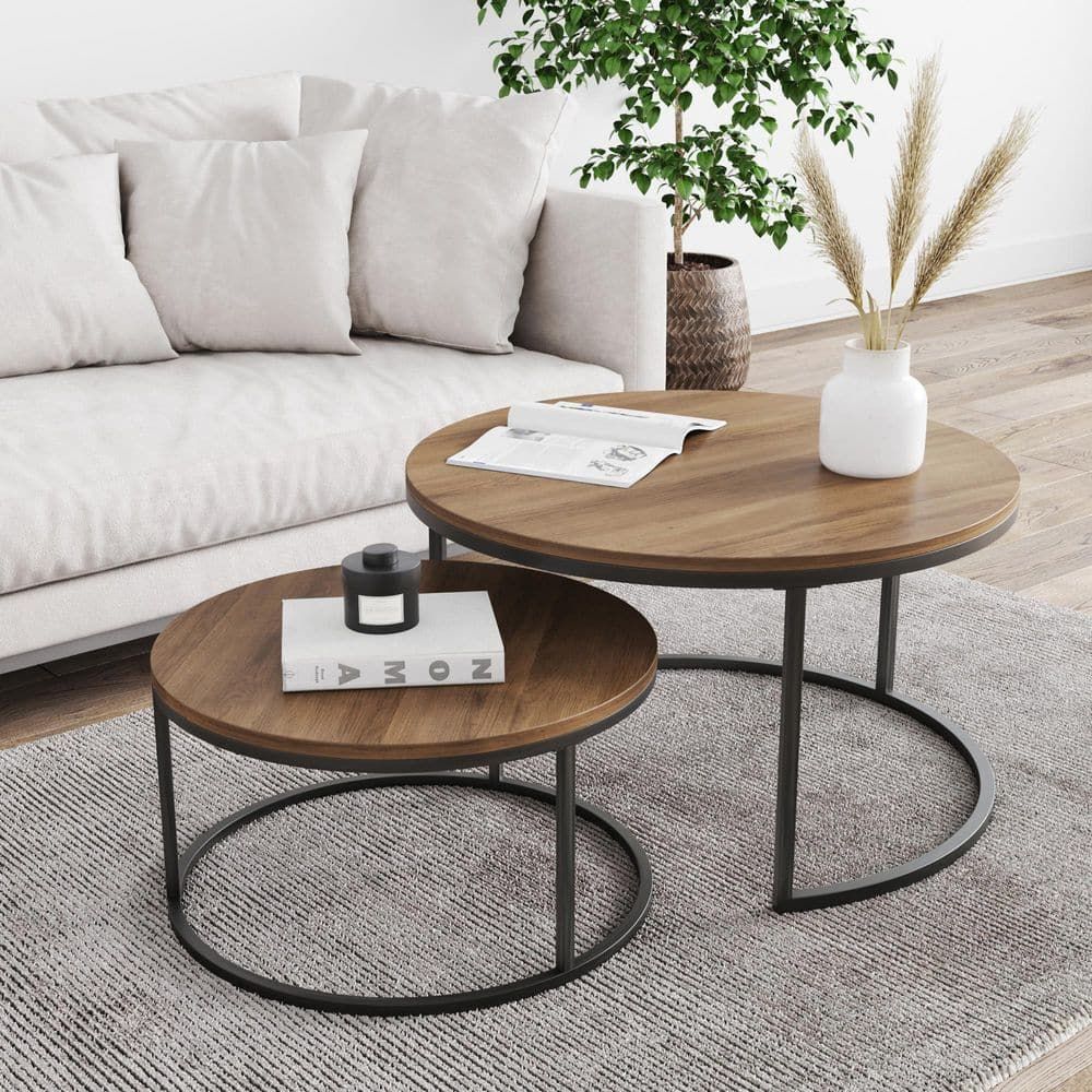 Nathan James Stella Reclaimed Oak/black Round Modern Nesting Stacking  Accent Industrial Wood Metal Cocktail Coffee Table (set Of 2) 34002 – The  Home Depot Inside Nesting Coffee Tables (Photo 3 of 15)