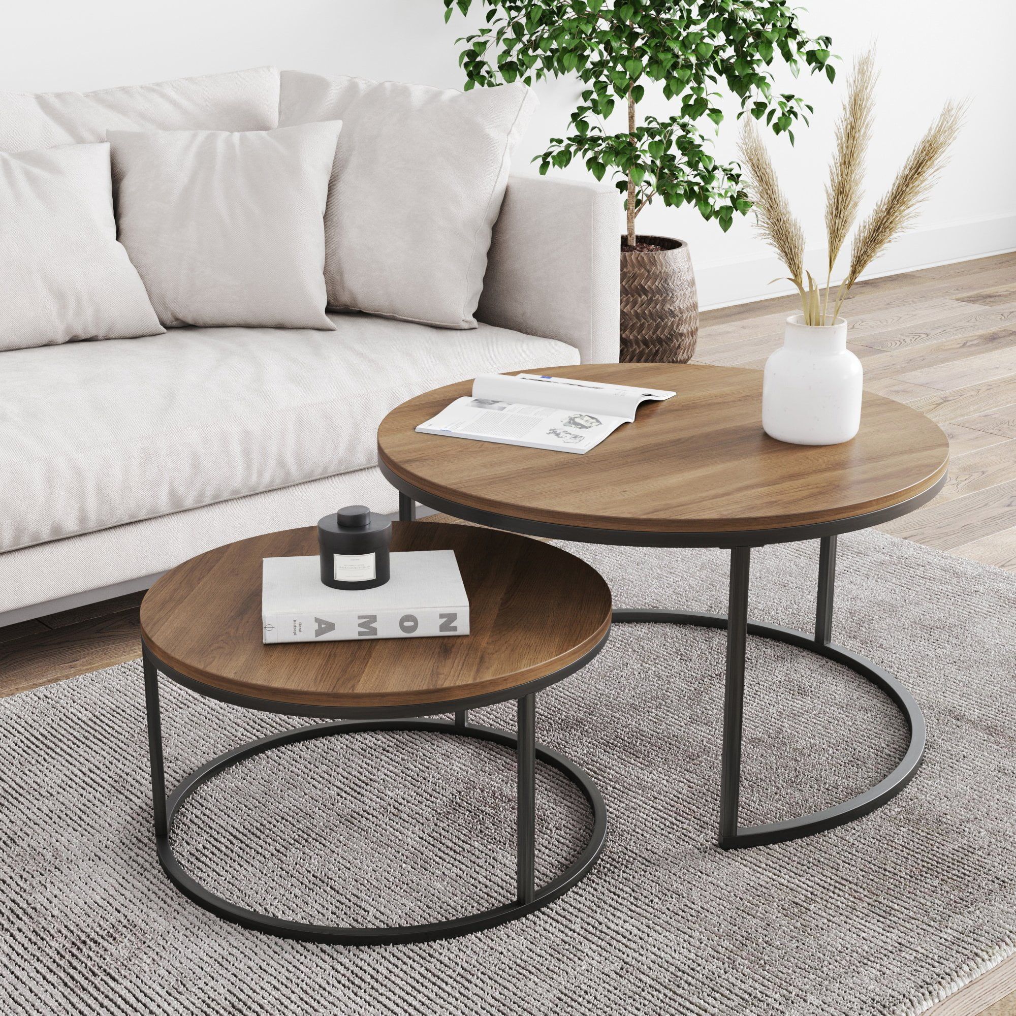 Nathan James Stella Round Modern Nesting Coffee Table Set Of 2, Stacking  Living Room Accent Cocktail Tables With An Industrial Wood Finish And  Powder Coated Metal Frame, Reclaimed Oak/black – Walmart Throughout Modern Nesting Coffee Tables (View 5 of 15)