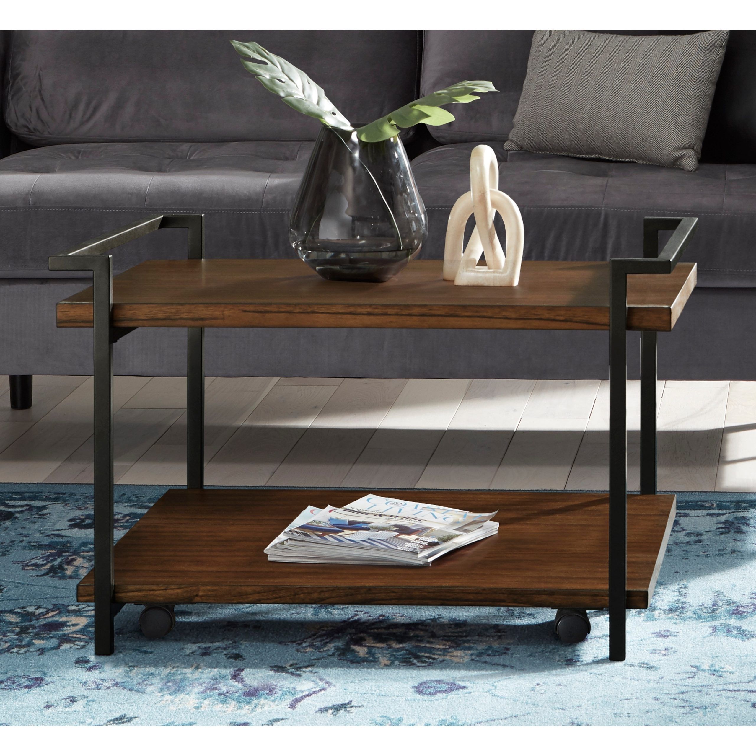 Natural Solid Wood And Metal Coffee Table With Shelves – Bed Bath & Beyond  – 32046820 Regarding Coffee Tables With Casters (Photo 14 of 15)