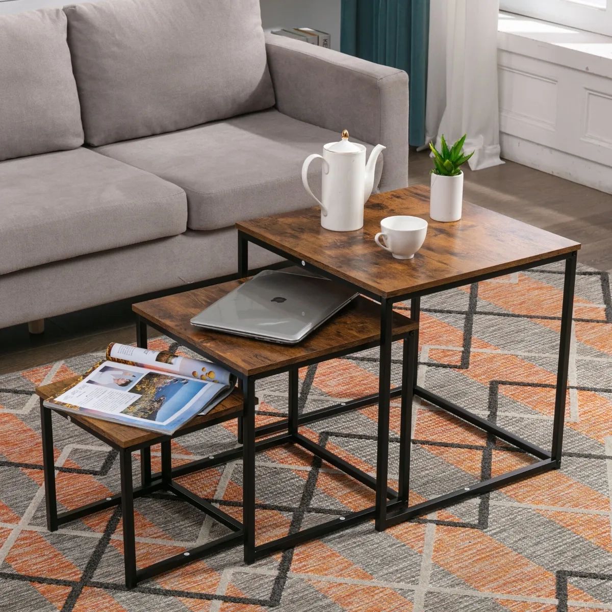 Nest Coffee Table 3 In 1 Set Compact Modern Design For Space Saving For Any  Room | Ebay Regarding Coffee Tables Of 3 Nesting Tables (View 3 of 15)