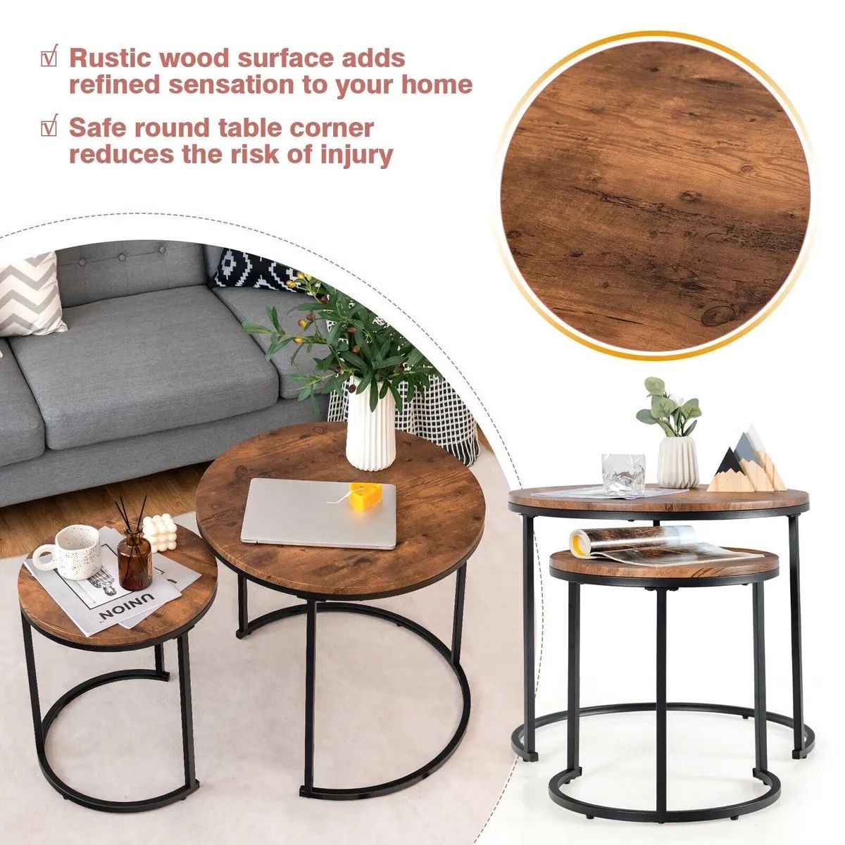 Nesting Coffee Tables Set Of 2 Round Stacking Sofa Side Tables For Living  Room | Ebay Within Coffee Tables For Balconies (Photo 9 of 15)