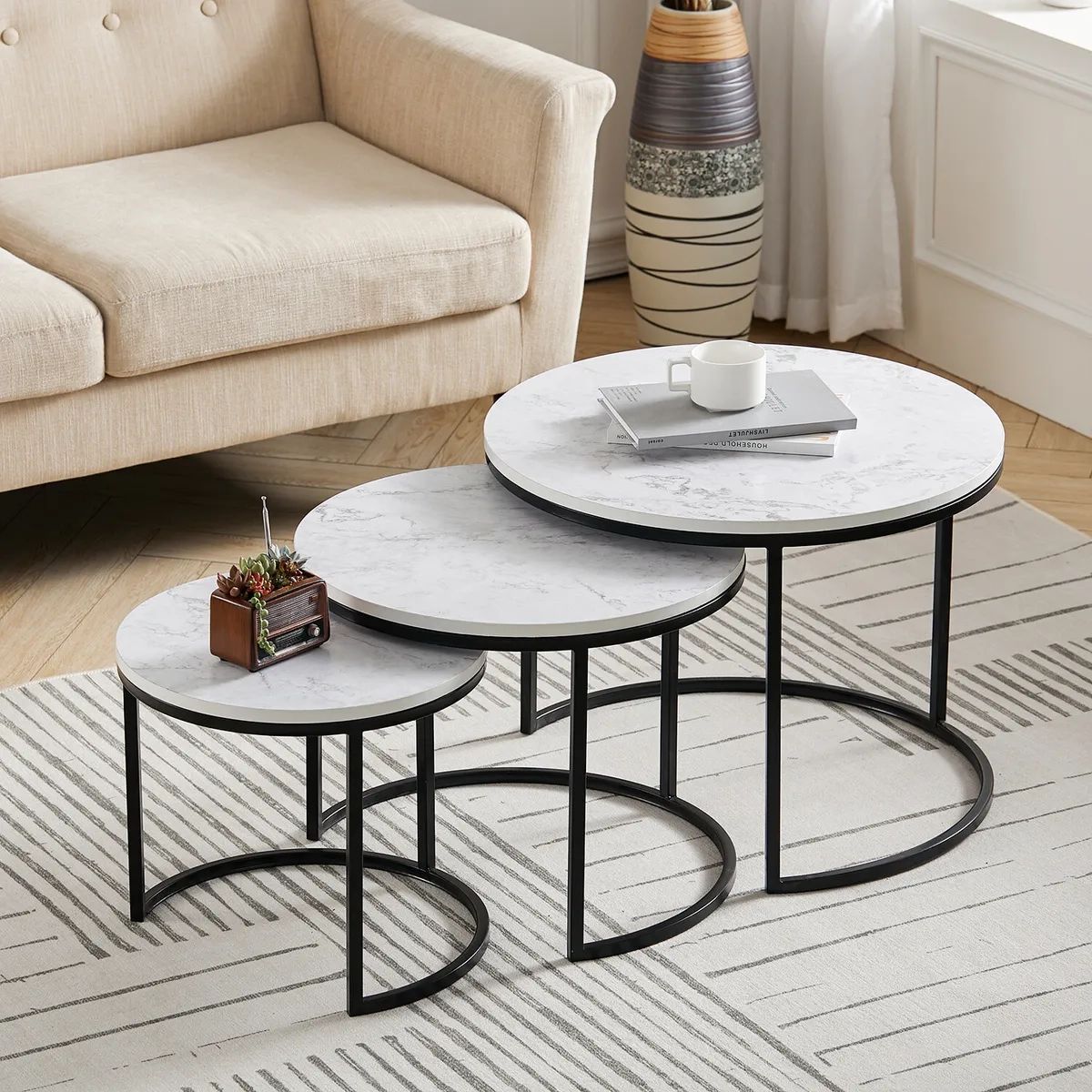 Nesting Round Coffee Table Set Of 2/3 Nested End Tables Stacking Sofa Side  Desk | Ebay With Regard To Coffee Tables Of 3 Nesting Tables (View 14 of 15)