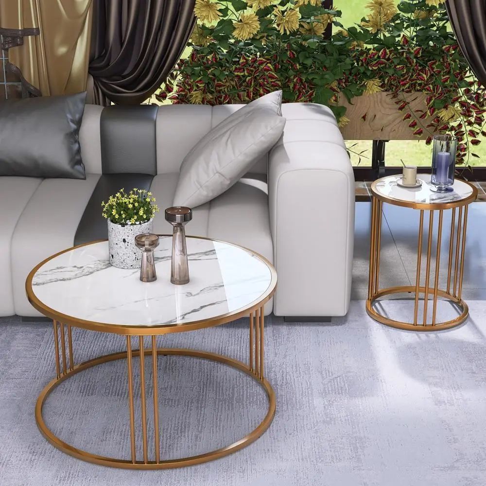 New Practical Modern Coffee Table 2pcs Round Slate Coffee Table With Steel  Frame | Ebay Throughout Round Coffee Tables With Steel Frames (Photo 1 of 15)