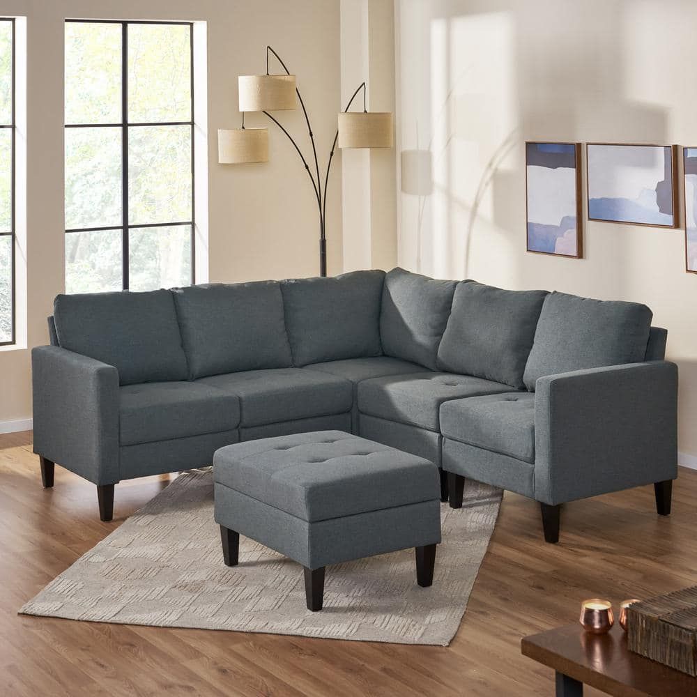 Noble House 6 Piece Dark Gray Polyester 4 Seater L Shaped Sectional Sofa  With Ottoman 12162 – The Home Depot Throughout Dark Gray Sectional Sofas (Photo 13 of 15)