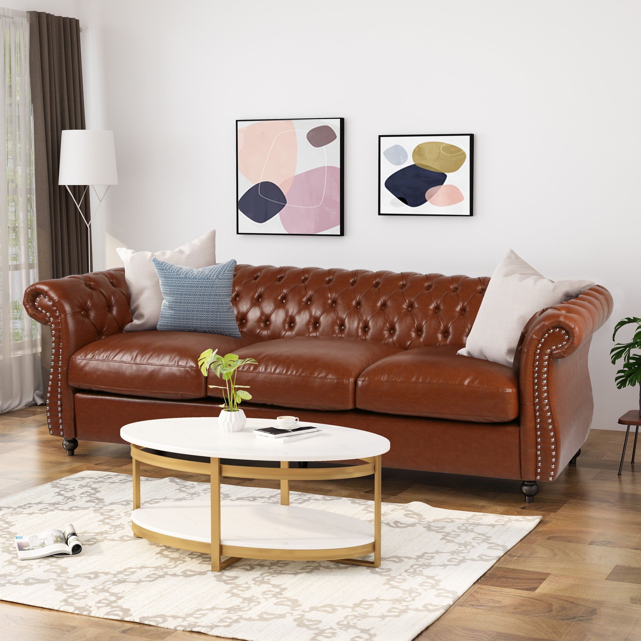 Noble House Aaniya Faux Leather Tufted Sofa, Cognac Brown, Dark Brown –  Walmart For Faux Leather Sofas In Chocolate Brown (View 2 of 15)