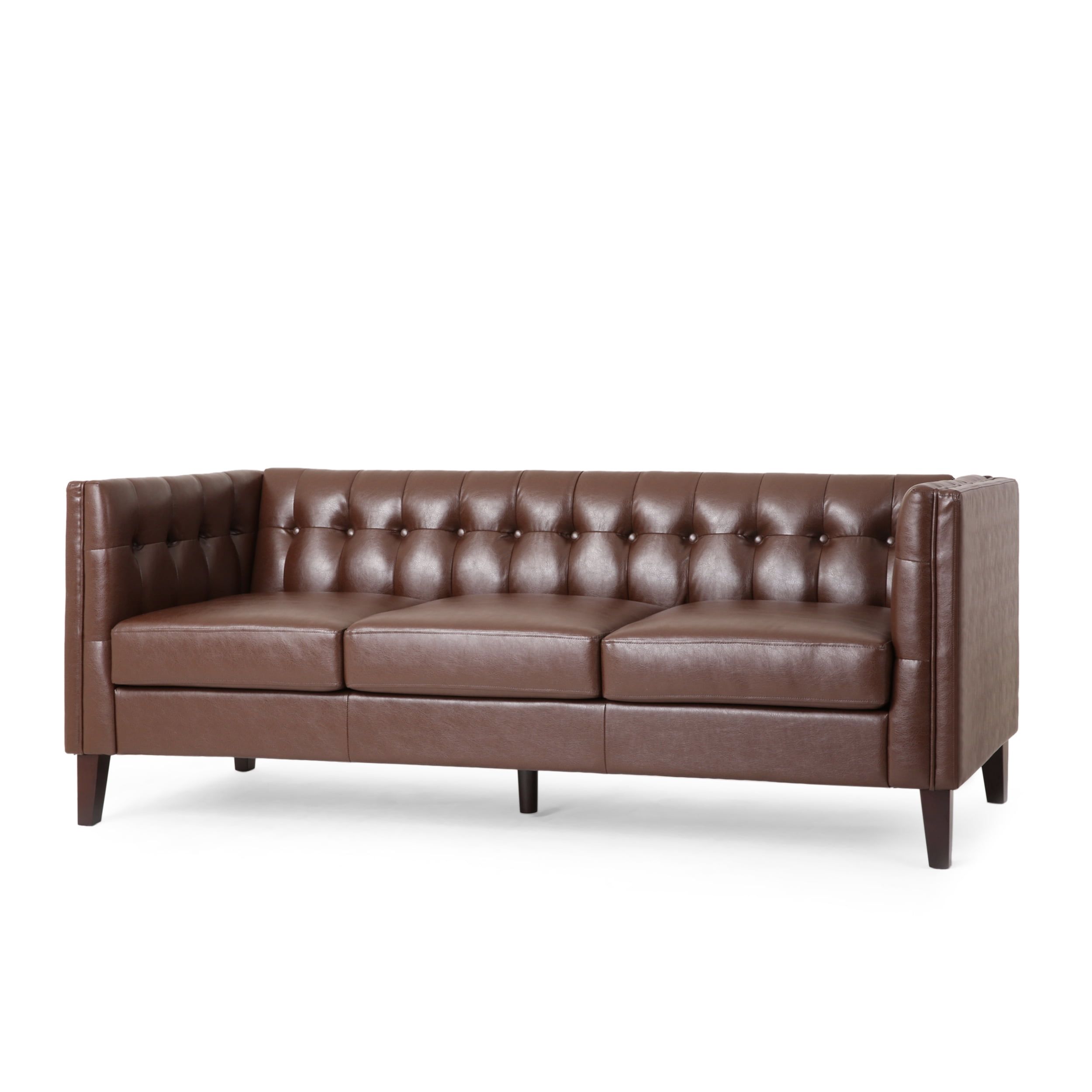 Noble House Sadlier Faux Leather Tufted 3 Seater Sofa, Dark Brown –  Walmart For Faux Leather Sofas In Dark Brown (View 8 of 15)