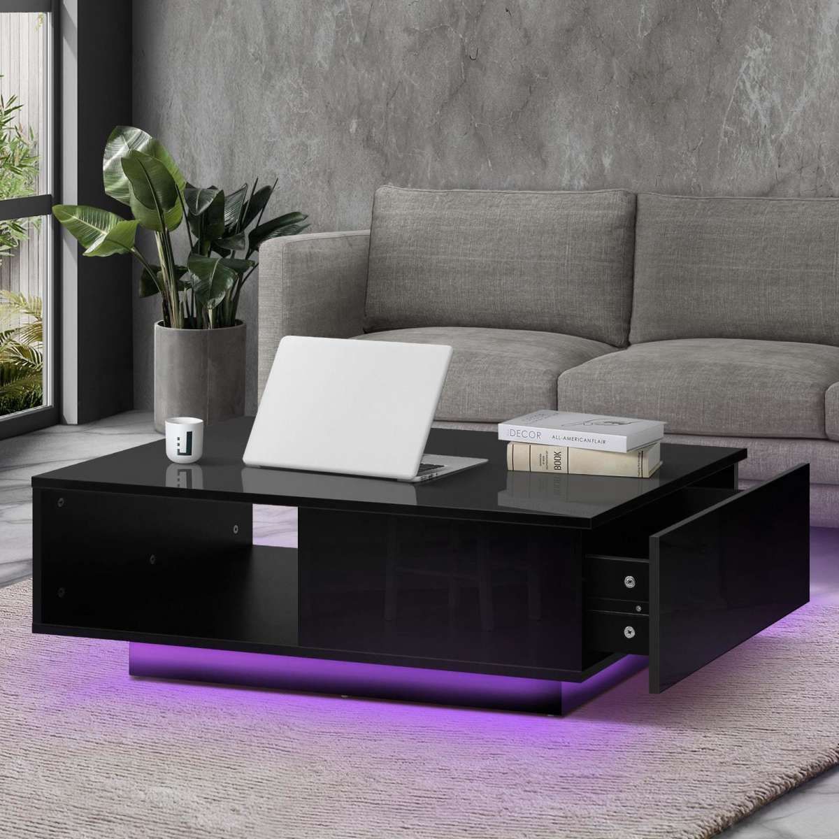 Oikiture Coffee Table Led Light High Gloss Storage Drawer Modern Furniture  Black 1ea | Woolworths Throughout High Gloss Black Coffee Tables (View 11 of 15)