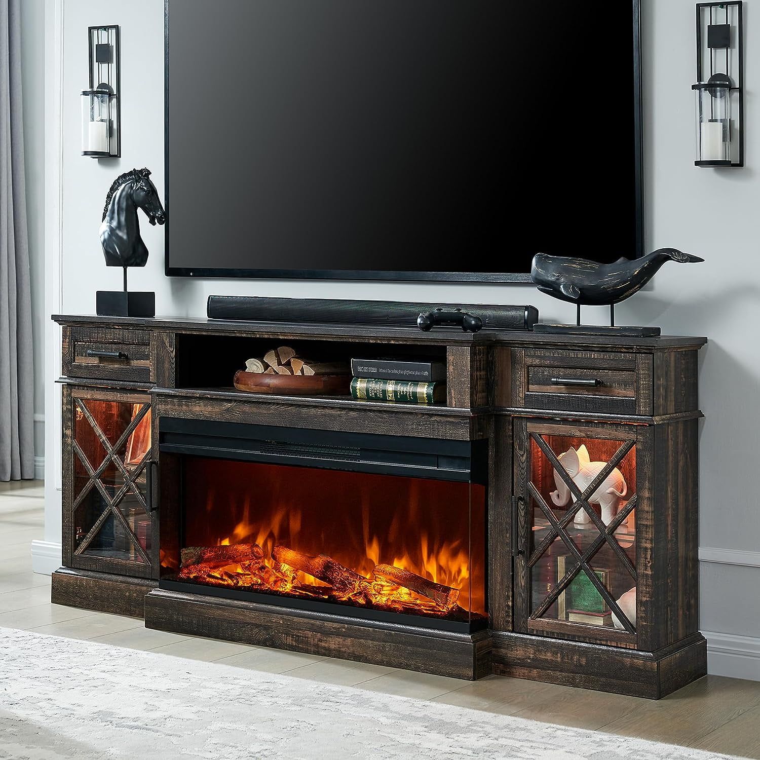 Okd 3 Sided Glass Farmhouse 70" Fireplace Tv Stand For Tvs Up To 80",  Highboy Entertainment Center With 36" Electric Fireplace, Dark Rustic Oak –  Walmart In Tv Stands With Electric Fireplace (View 14 of 15)