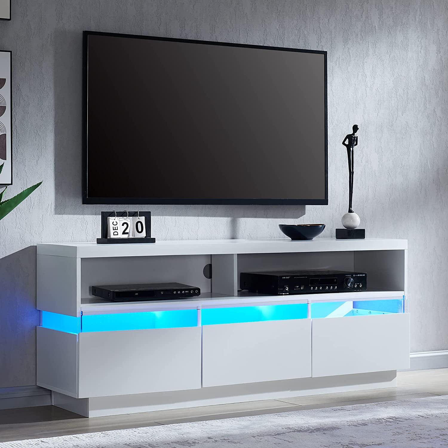 Okd 58" Wide Tv Stand Entertainment Center For Tvs Up To 65" With Led  Lights And Storage Drawers, Wood Media Console, White – Walmart Regarding Wide Entertainment Centers (View 8 of 15)