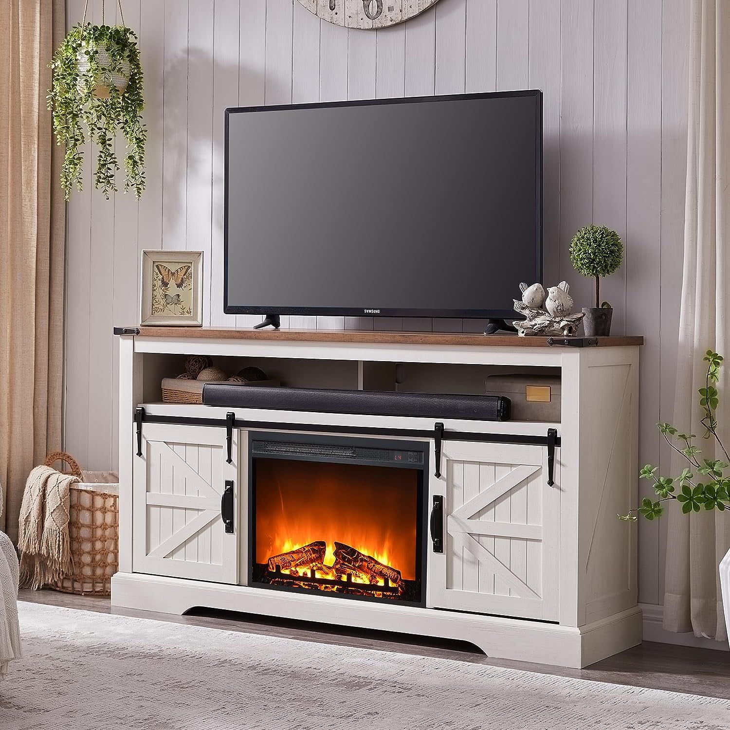 Okd Farmhouse 60" Electric Fireplace Tv Stand For Tvs Up To 65", Large Entertainment  Center With Fireplace For Living Room, Bedroom, Antique White – Walmart Regarding Tv Stands With Electric Fireplace (View 11 of 15)