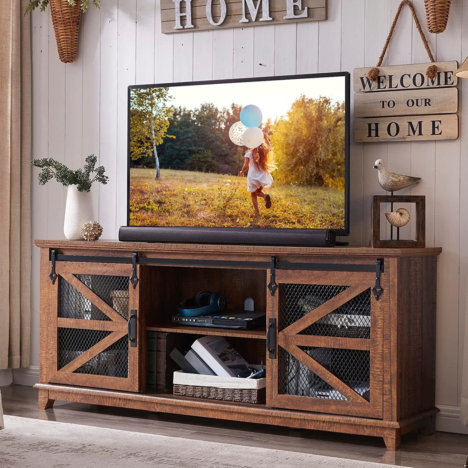 Okd Farmhouse Tv Stand For 75+ Inch Tv, Entertainment Center With  Adjustable Shelves For Living Room, Reclaimed Barnwood – Walmart Intended For Farmhouse Stands With Shelves (Photo 5 of 15)
