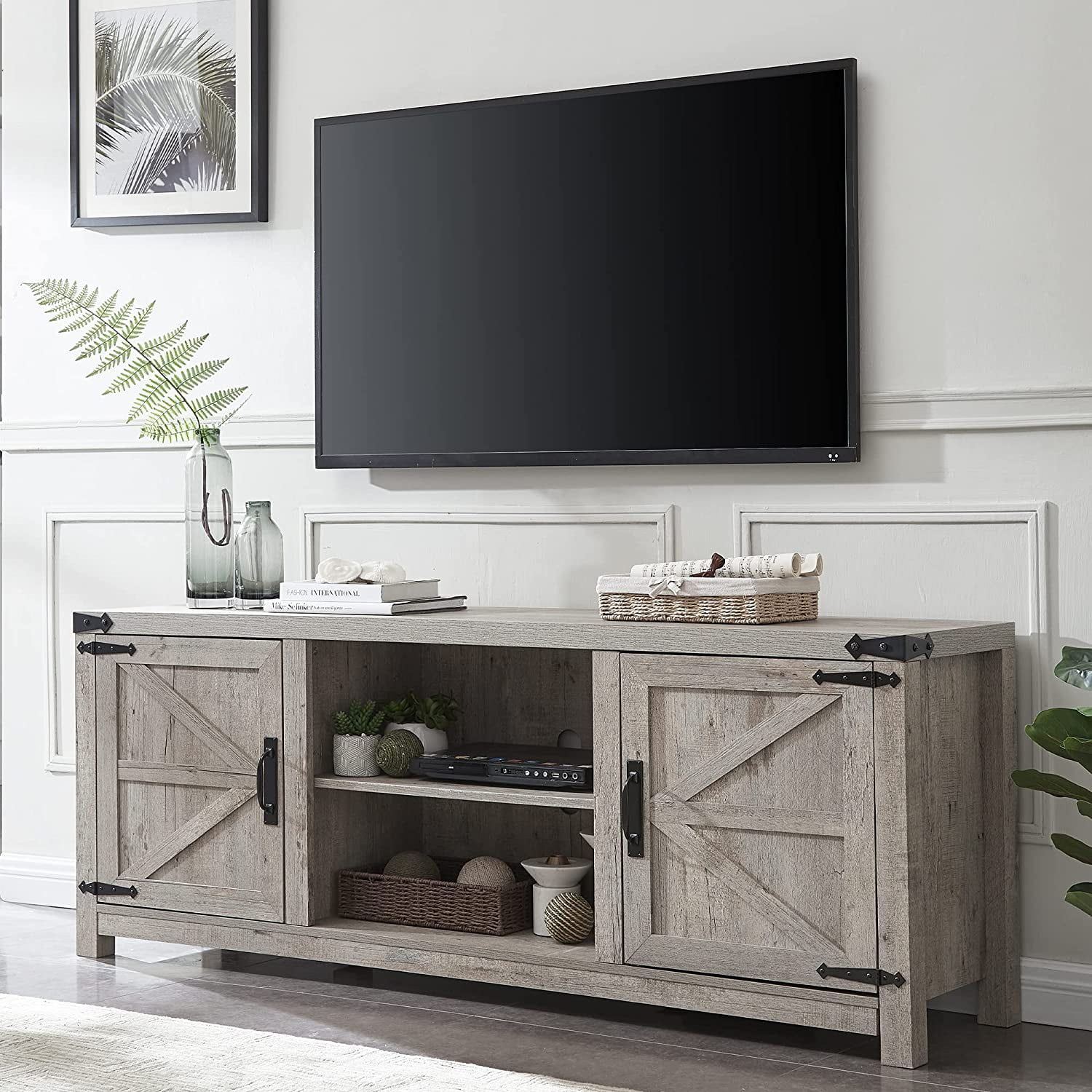 Okd Farmhouse Tv Stand For Tvs Up To 75 Inches, Wood Barn Door Media  Television Console Table With Storage Cabinets Shelves, Grey Wash –  Walmart Pertaining To Barn Door Media Tv Stands (Photo 2 of 15)