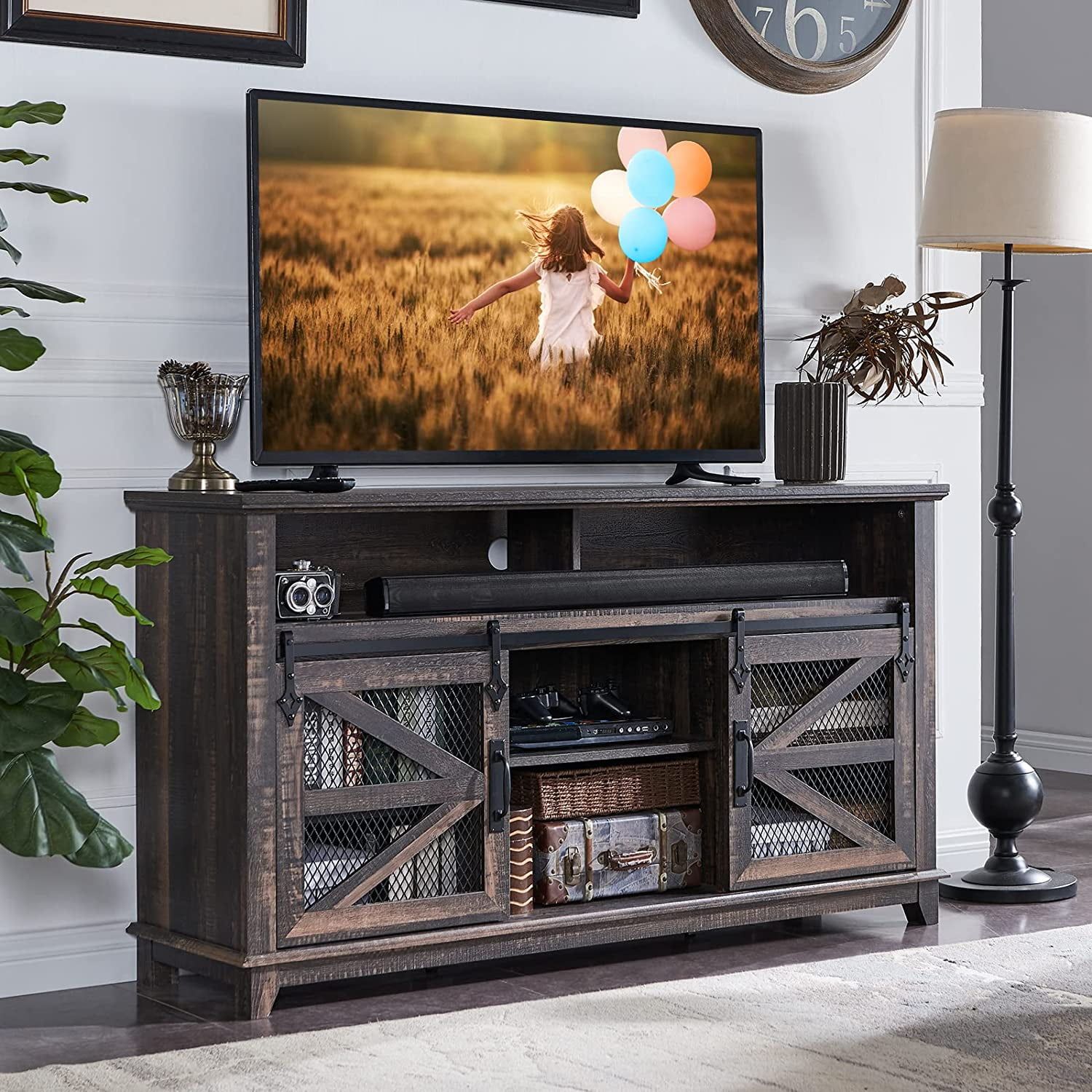 Okd Farmhouse Tv Stand With Sliding Barn Door For 65+ Inch Tv, Wood Metal  Entertainment Center With Shelves, Dark Rustic Oak – Walmart Within Farmhouse Stands With Shelves (Photo 12 of 15)