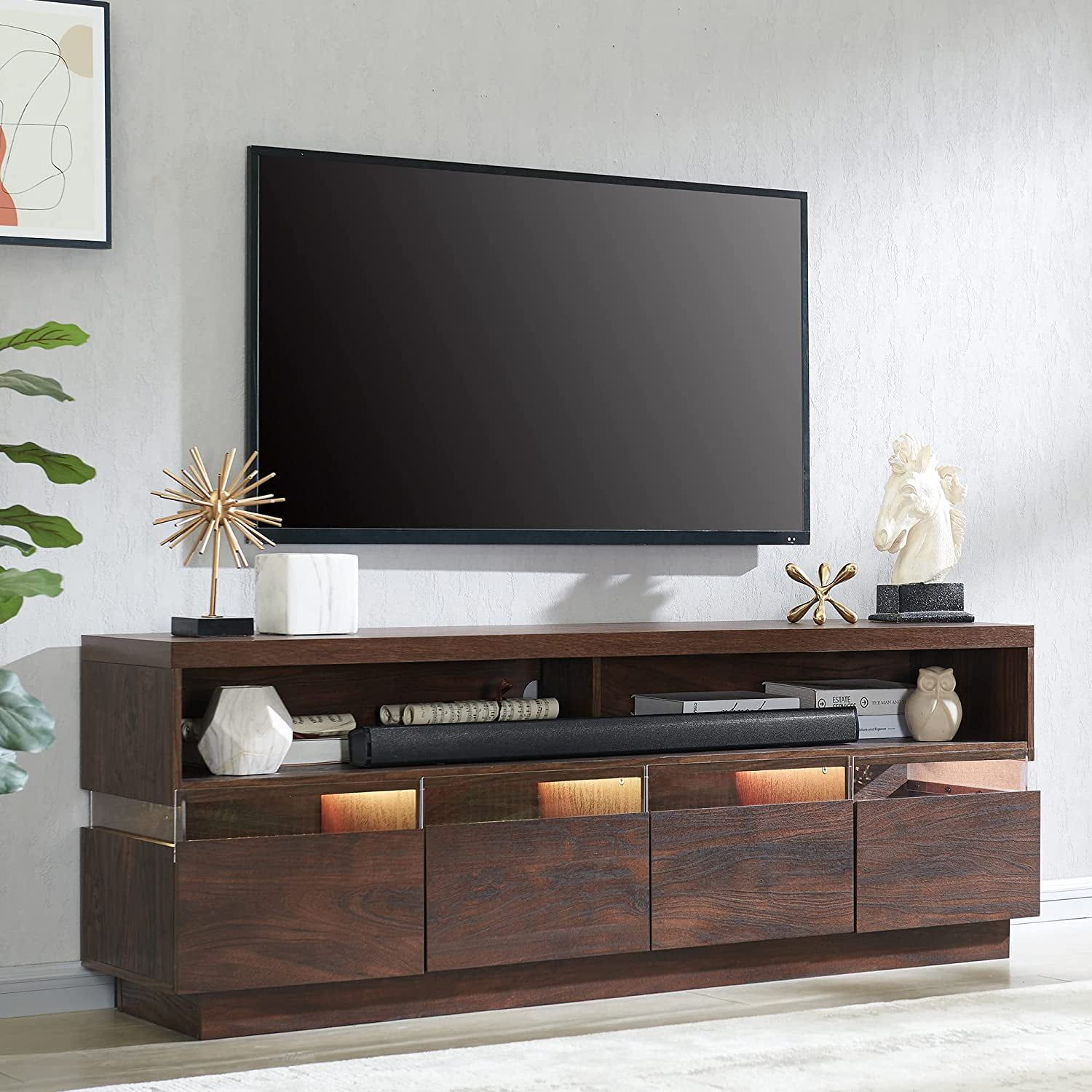 Okd Modern Wood Tv Stand For Tvs Up To 75" For Living Room With Led Lights Entertainment  Center,walnut – Walmart Inside Walnut Entertainment Centers (Photo 9 of 15)