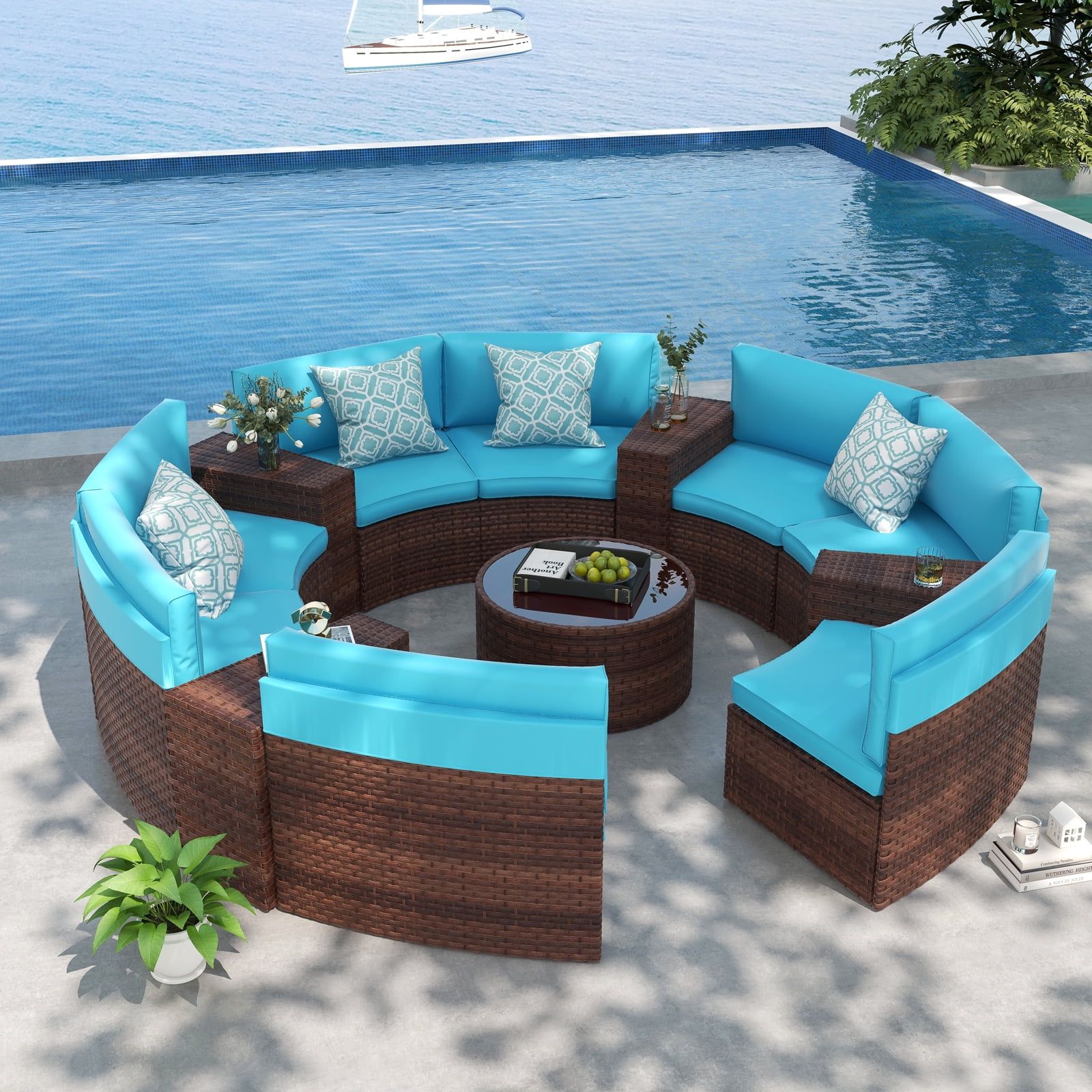 Orange Casual Outdoor Furniture, Half Moon Curved Sofa, Brown Wicker Coffee  Table & Cushions,13piece – Walmart For Outdoor Half Round Coffee Tables (View 5 of 15)