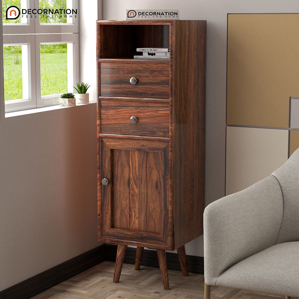 Oreus Wooden Storage Cabinet With 1 Shelf And 2 Drawers – Brown –  Decornation Within Wood Cabinet With Drawers (View 12 of 15)