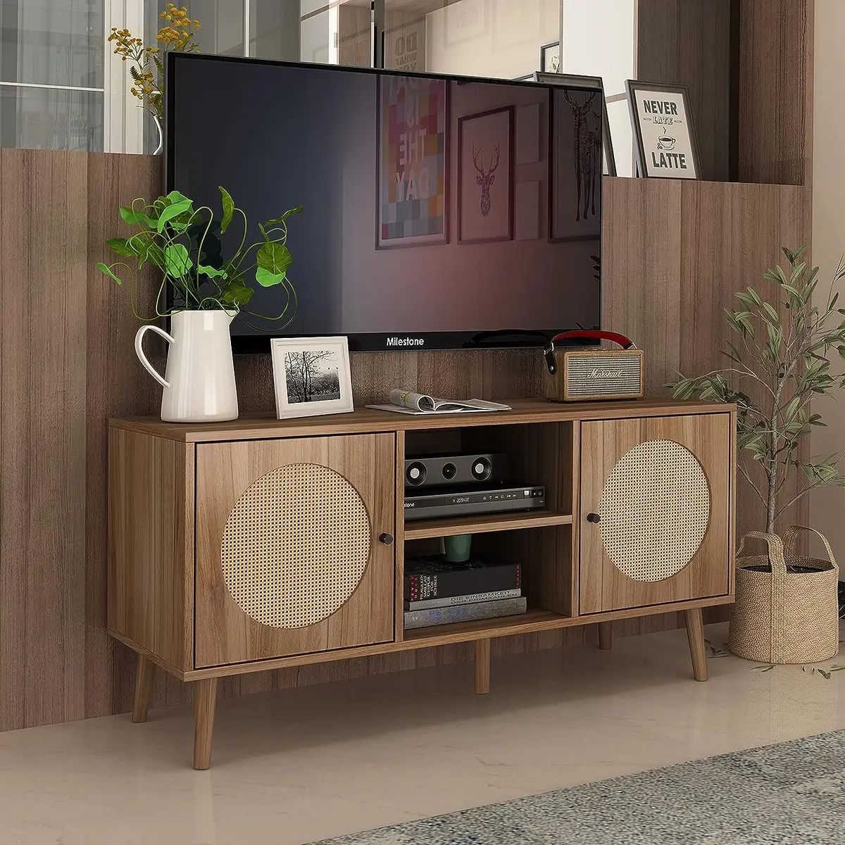 Orrd Farmhouse Rattan Tv Stand For Tvs Up To 52 Inch, 43.3 Walnut | Ebay Throughout Farmhouse Rattan Tv Stands (Photo 11 of 15)