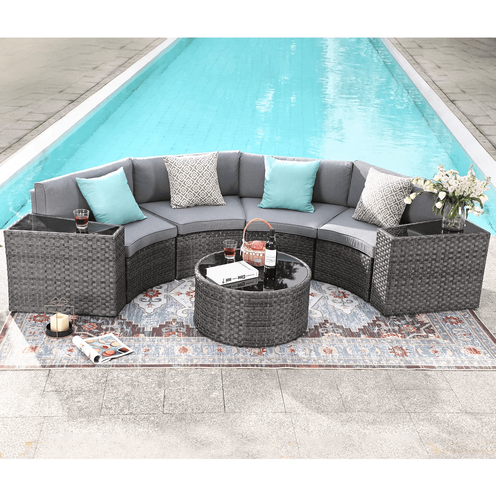 Outdoor Patio Furniture Set, Outdoor Sectional Half Moon Curved Sofa, Round  Coffee Table, 4 Pillows & Waterproof Cover, Taupe Cushion, 7 Piece –  Walmart Intended For Outdoor Half Round Coffee Tables (View 2 of 15)