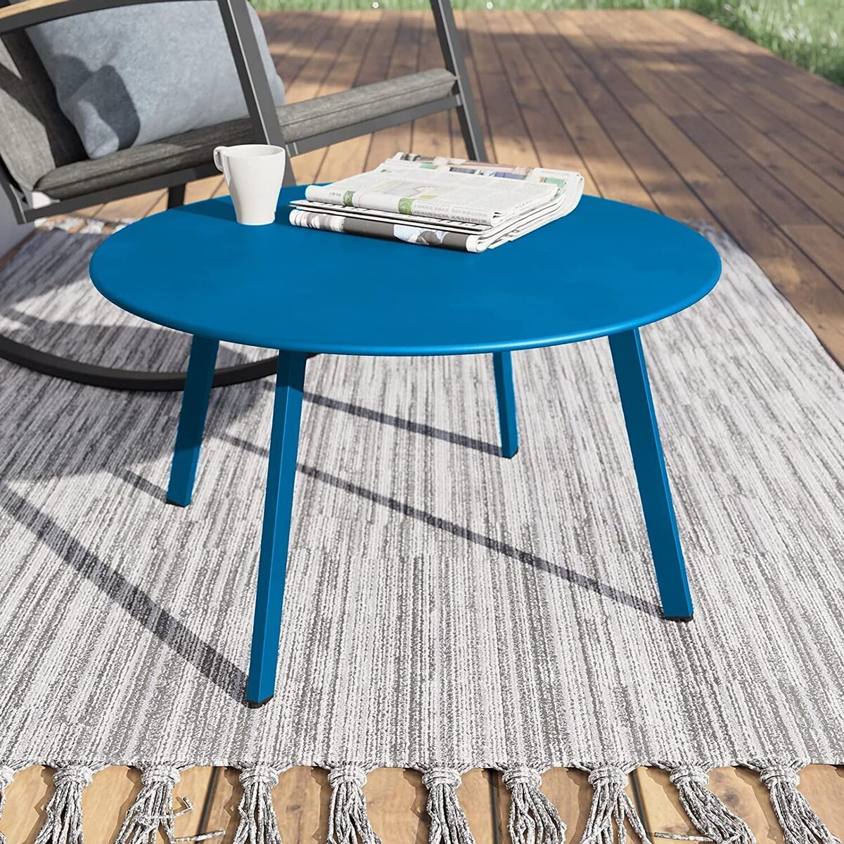 Outdoor Steel Patio Side Table, Round Coffee Table Weather Resistant ,blue  | Ebay Pertaining To Round Steel Patio Coffee Tables (View 15 of 15)